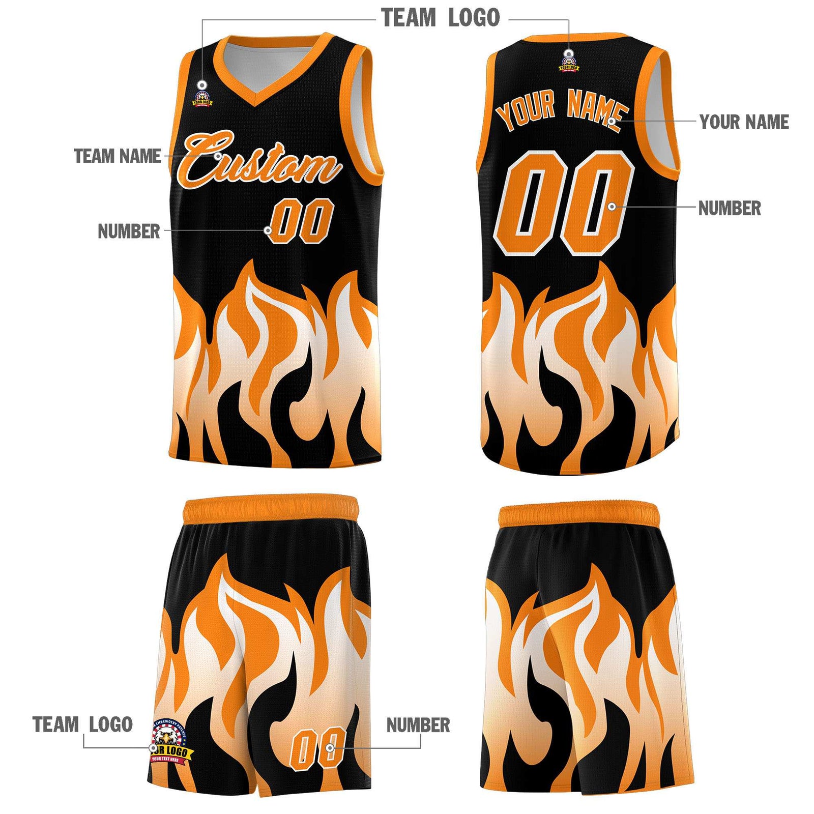Custom Black Orange Hem Flame Pattern Fashion Sports Uniform Basketball Kits