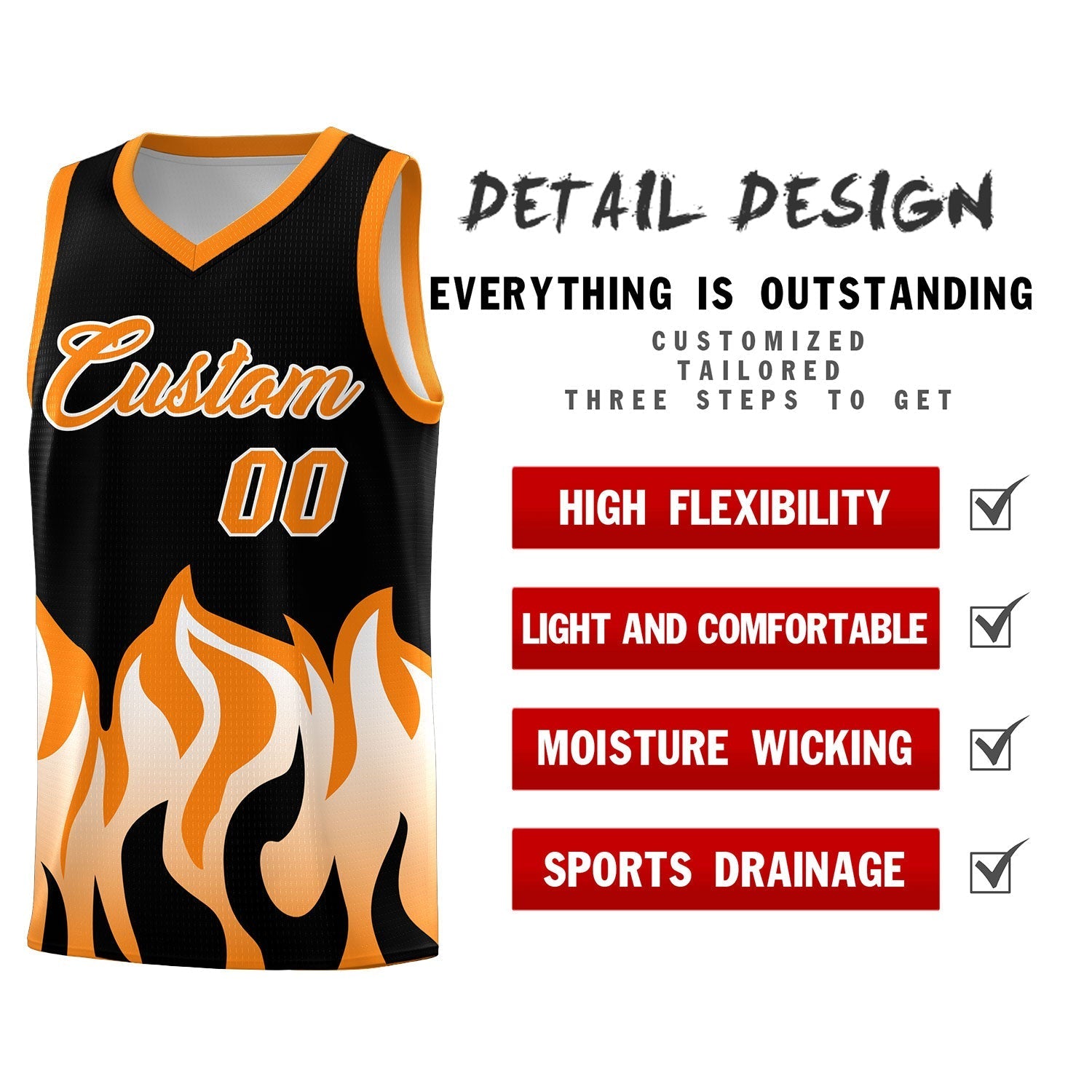 Custom Black Orange Hem Flame Pattern Fashion Sports Uniform Basketball Kits
