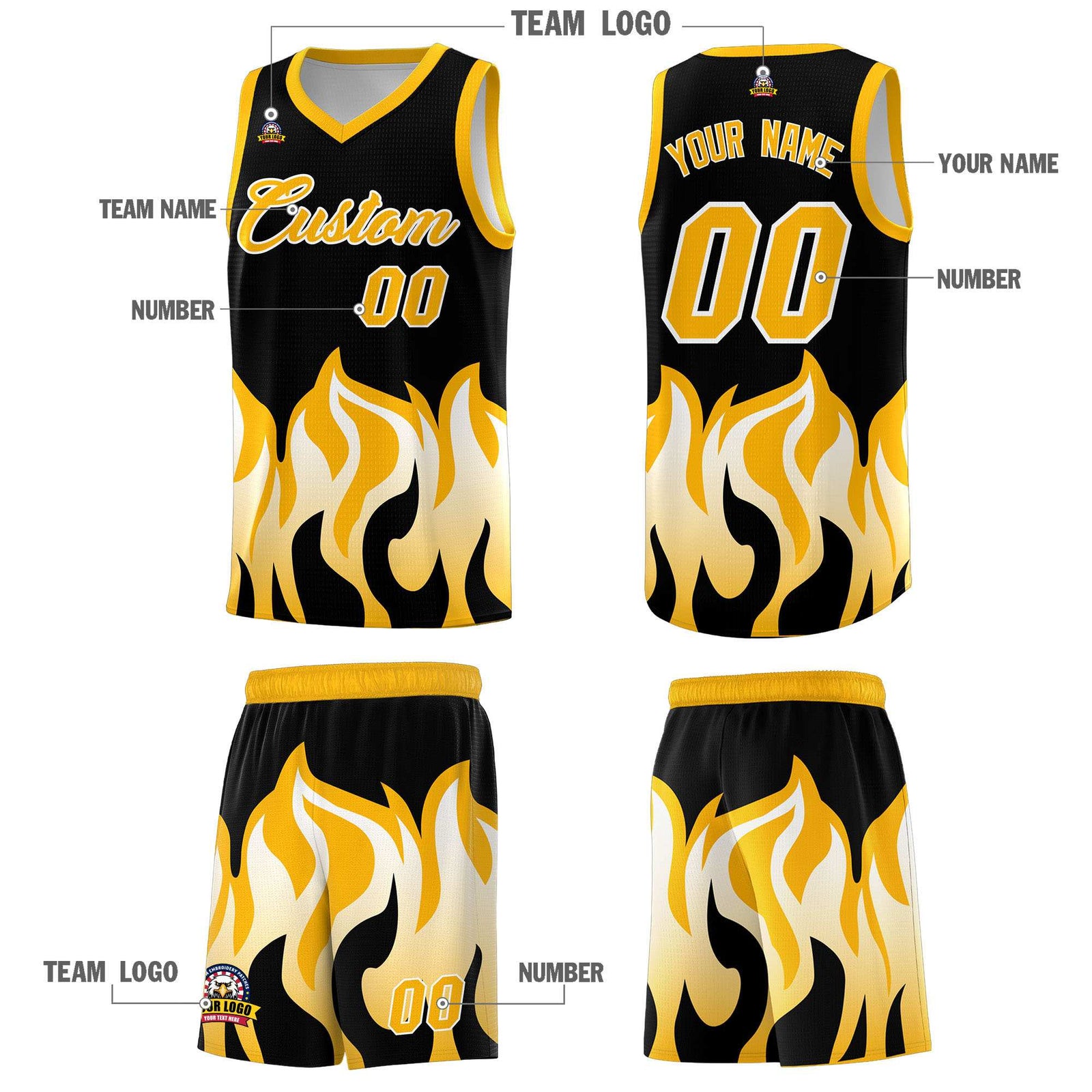Custom Black Yellow Hem Flame Pattern Fashion Sports Uniform Basketball Kits