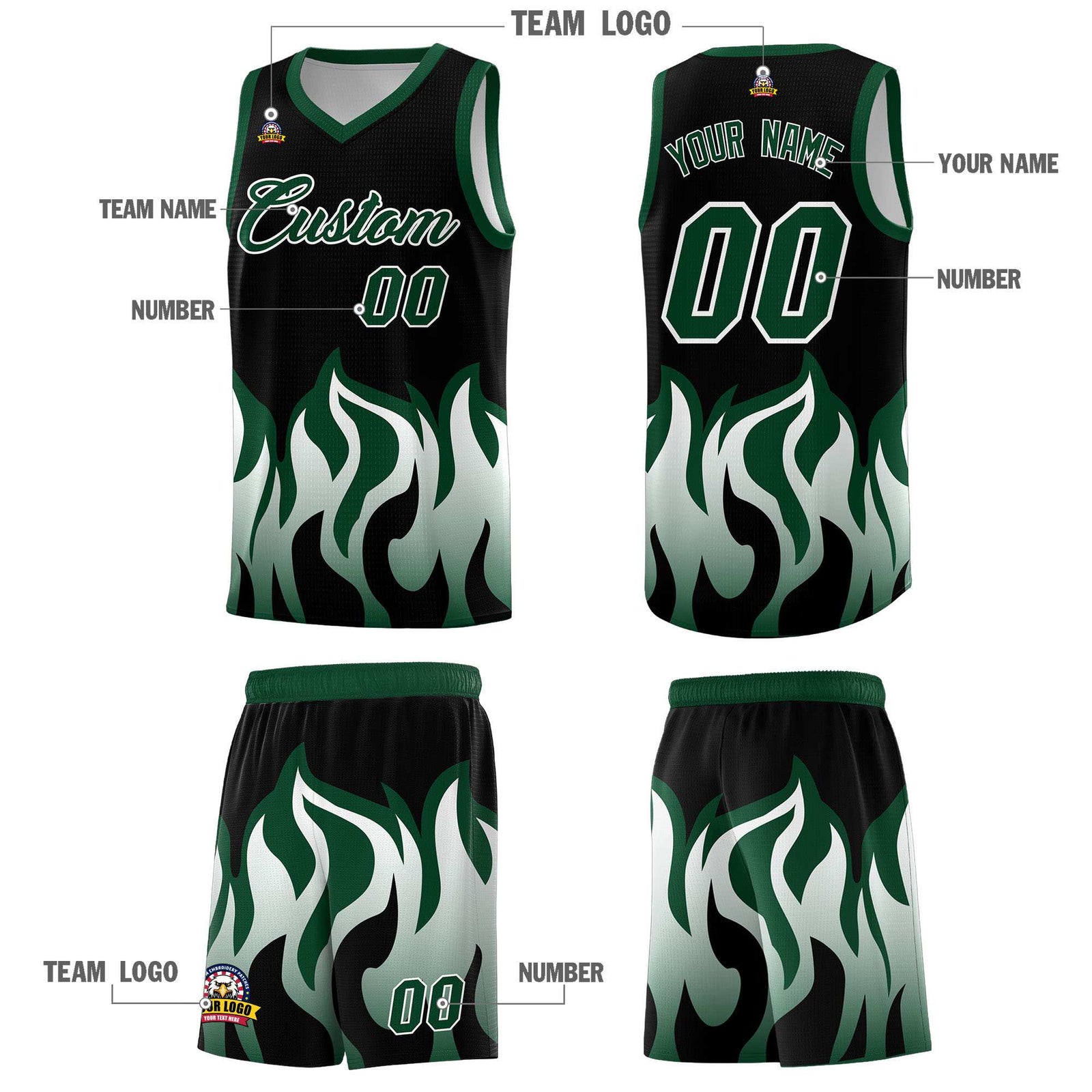 Custom Black Hunter Green Hem Flame Pattern Fashion Sports Uniform Basketball Kits