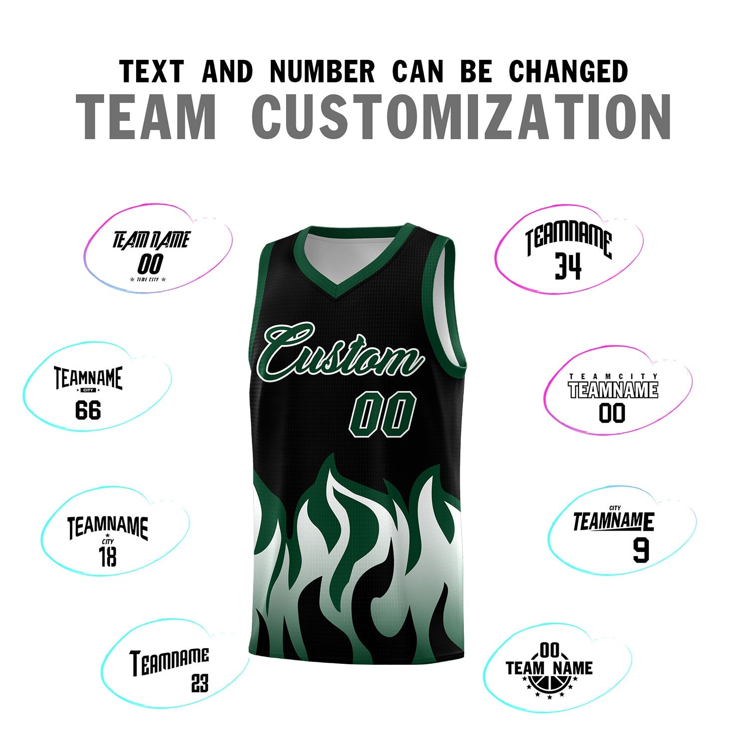 Custom Black Hunter Green Hem Flame Pattern Fashion Sports Uniform Basketball Kits