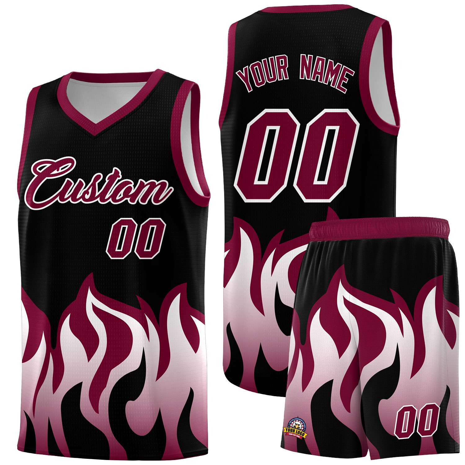 Custom Black Crimson Hem Flame Pattern Fashion Sports Uniform Basketball Kits