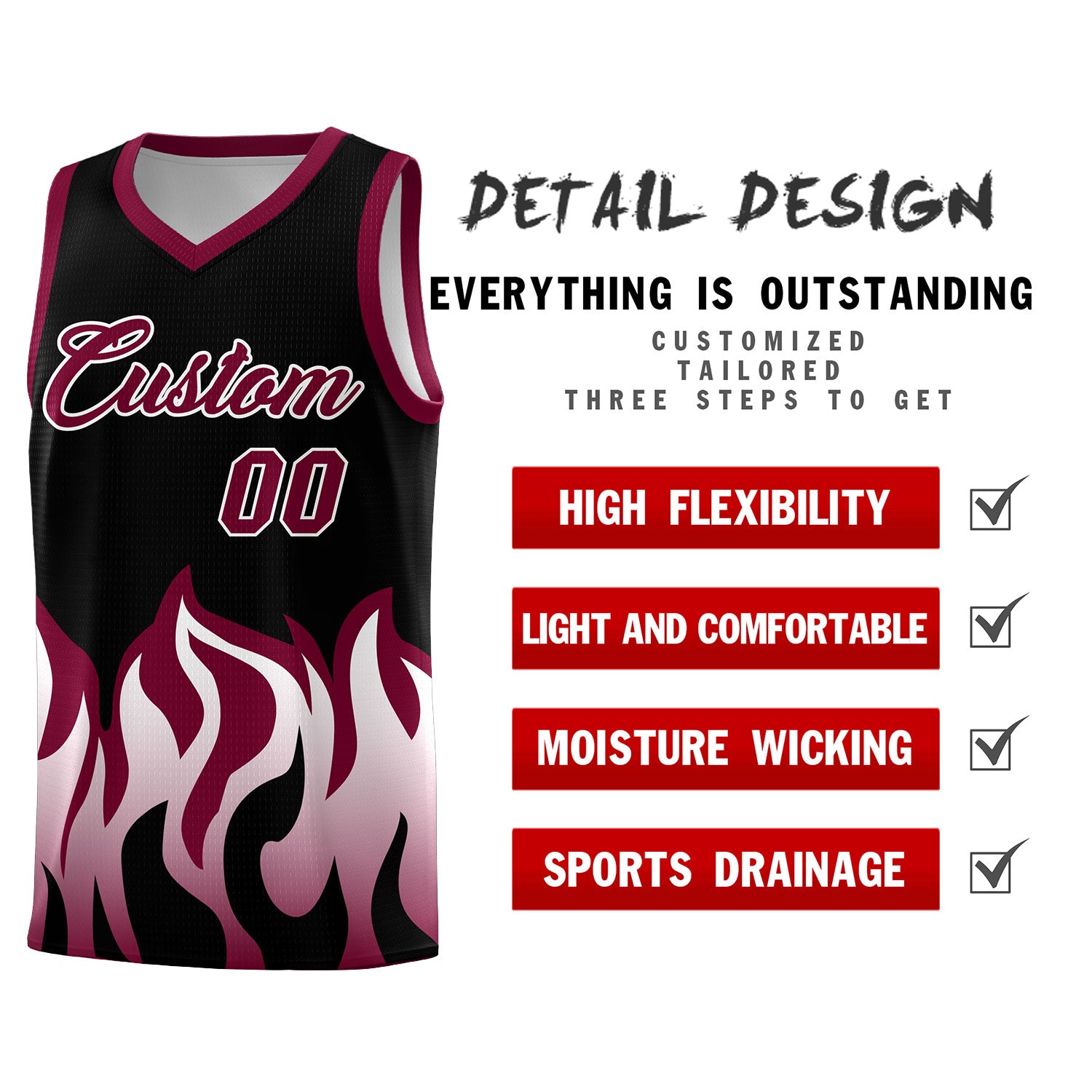 Custom Black Crimson Hem Flame Pattern Fashion Sports Uniform Basketball Kits