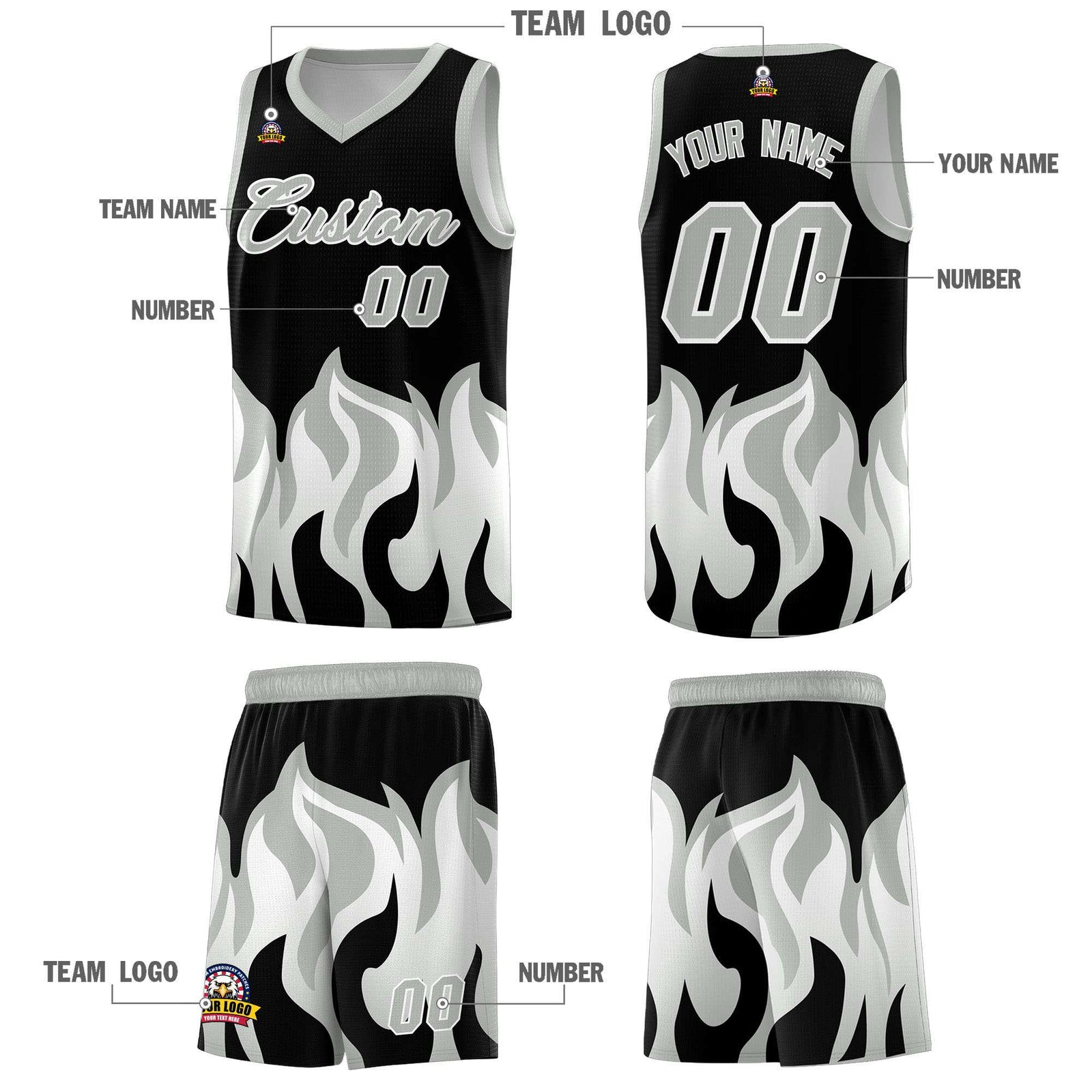 Custom Black Gray Hem Flame Pattern Fashion Sports Uniform Basketball Kits