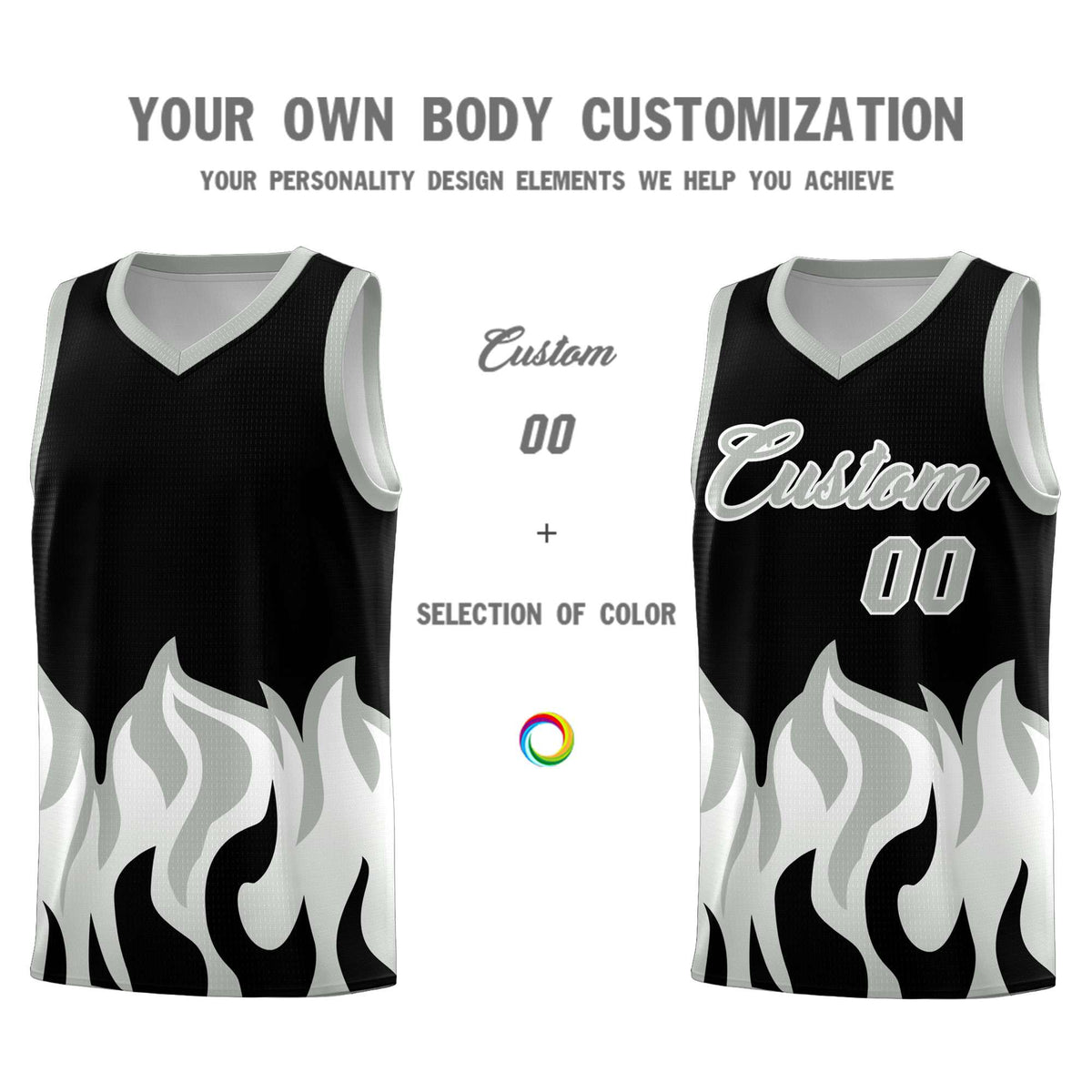 Custom Black Gray Hem Flame Pattern Fashion Sports Uniform Basketball Kits