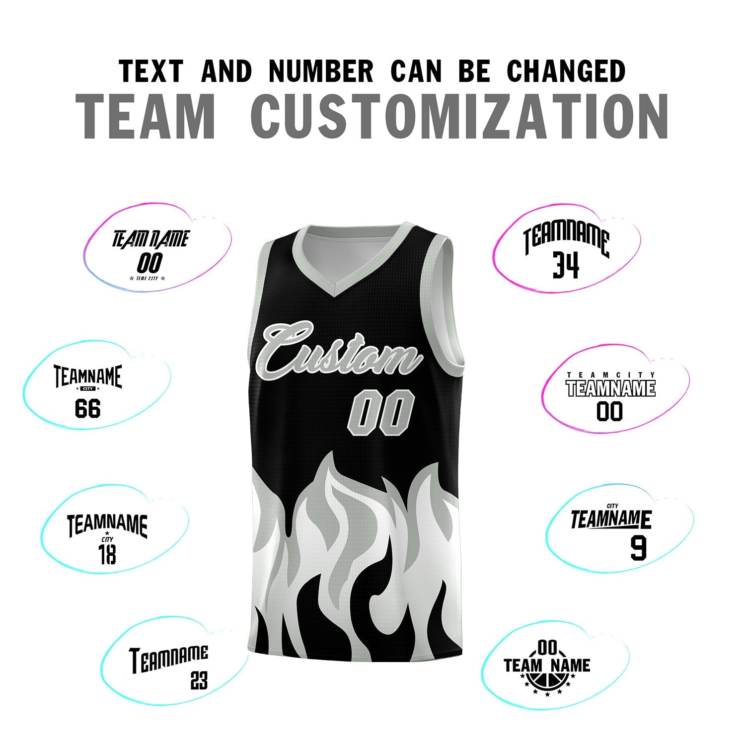 Custom Black Gray Hem Flame Pattern Fashion Sports Uniform Basketball Kits