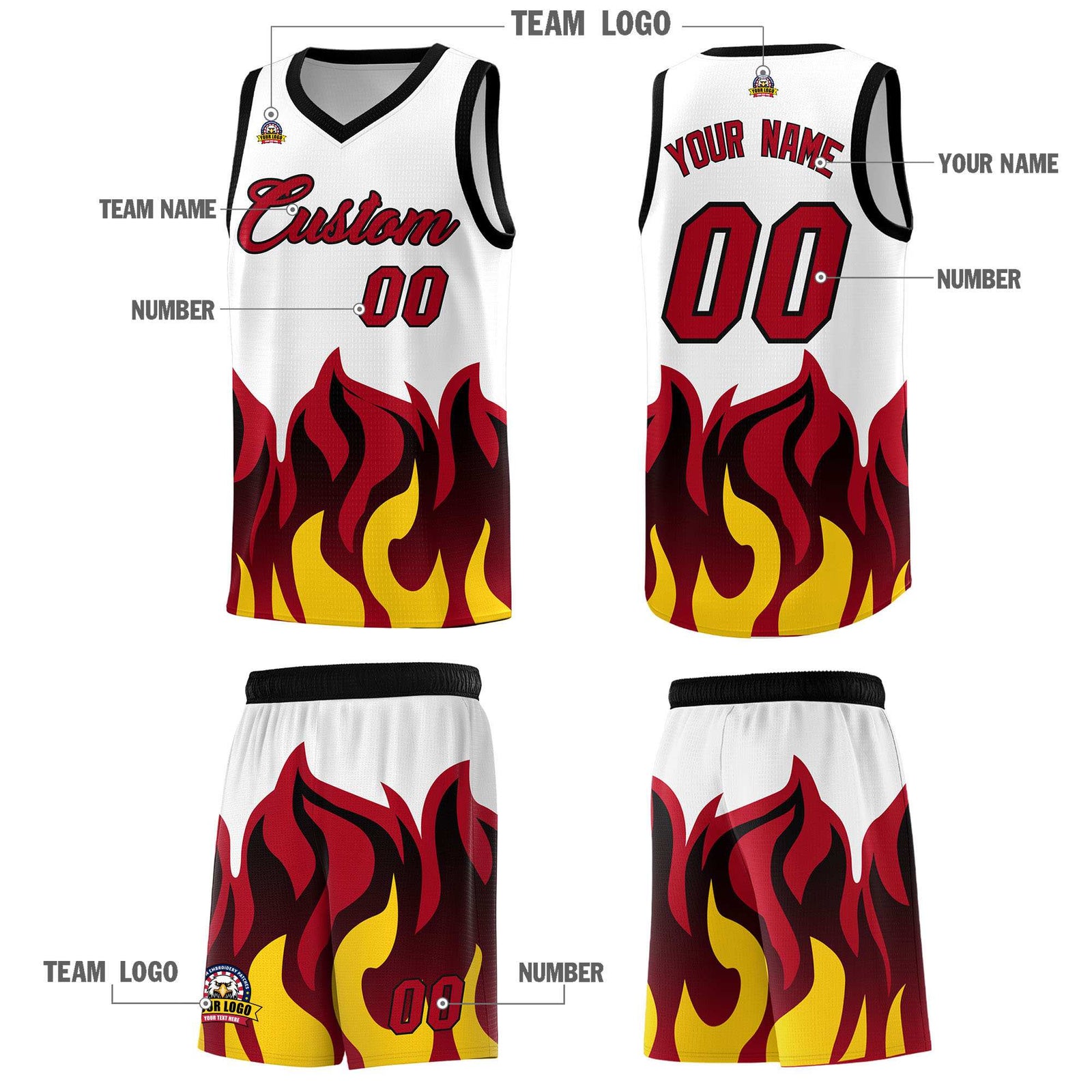 Custom White Red Hem Flame Pattern Fashion Sports Uniform Basketball Kits