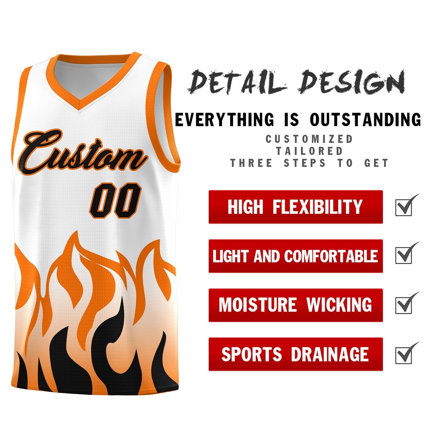 Custom White Orange Hem Flame Pattern Fashion Sports Uniform Basketball Kits