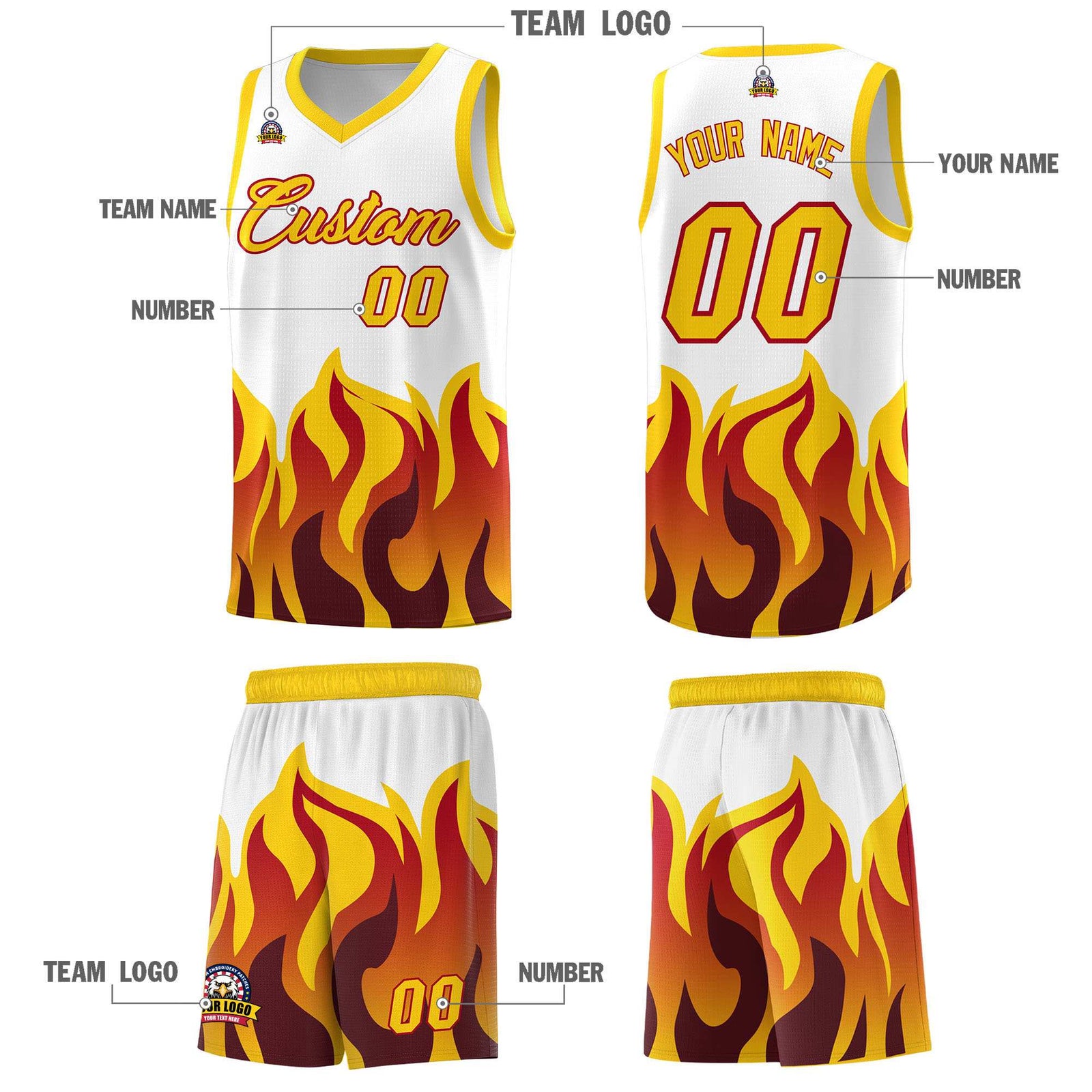 Custom White Gold Hem Flame Pattern Fashion Sports Uniform Basketball Kits