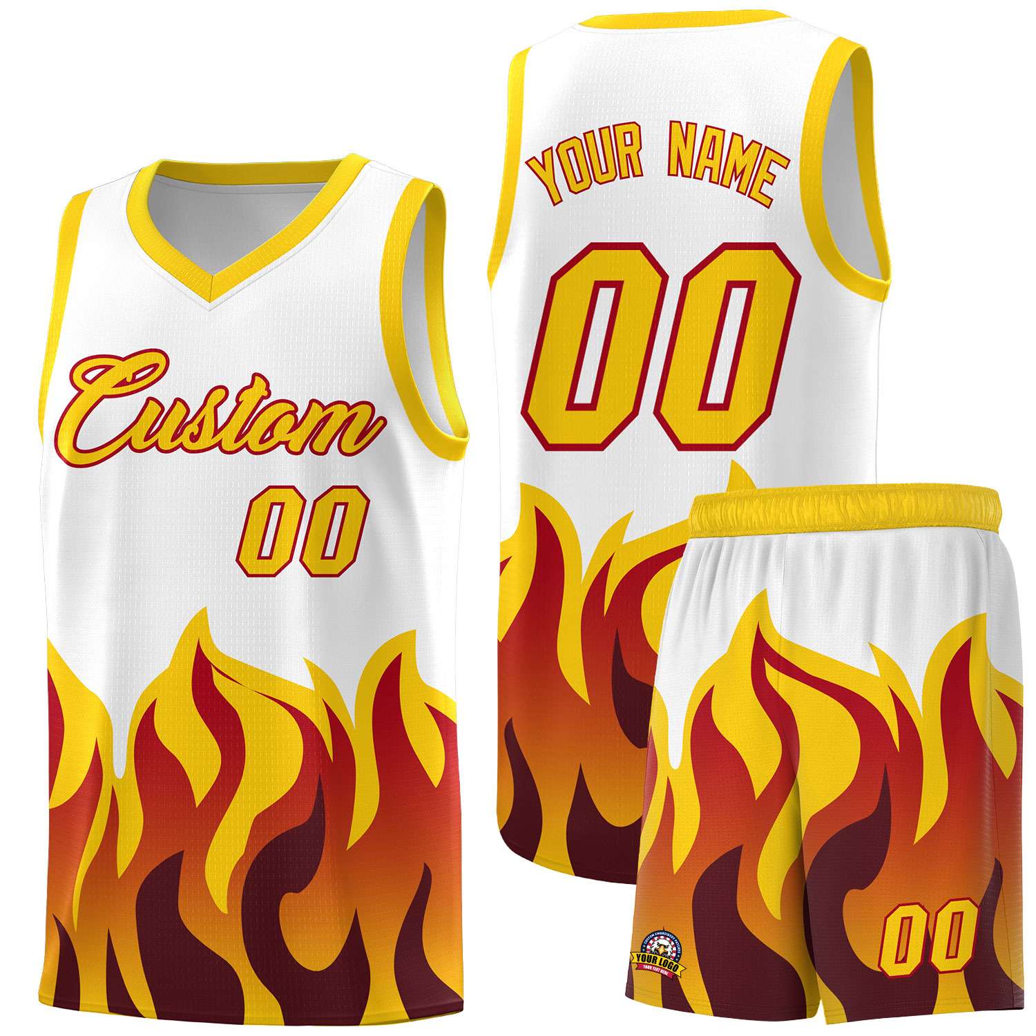Custom White Gold Hem Flame Pattern Fashion Sports Uniform Basketball Kits