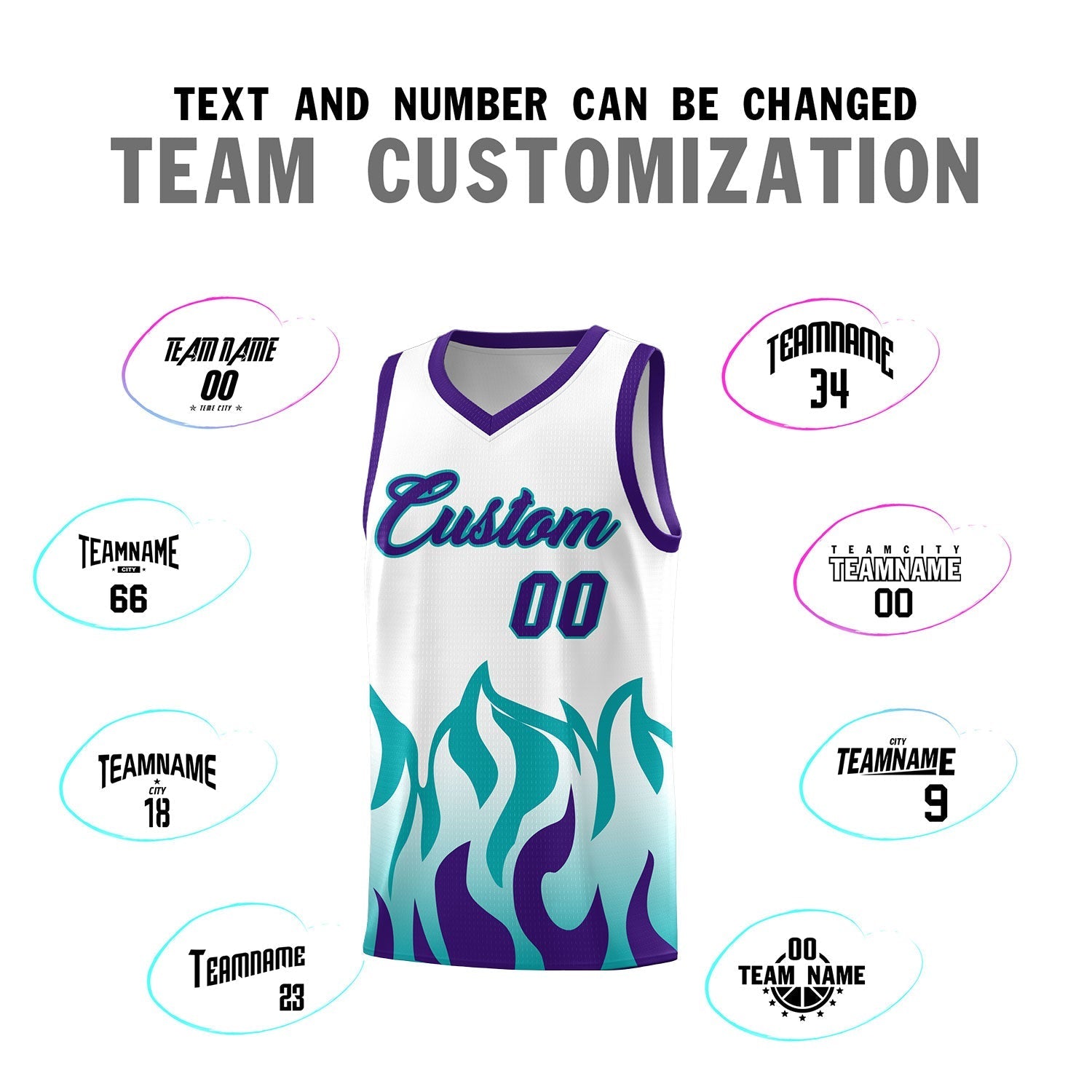 Custom White Aqua Hem Flame Pattern Fashion Sports Uniform Basketball Kits