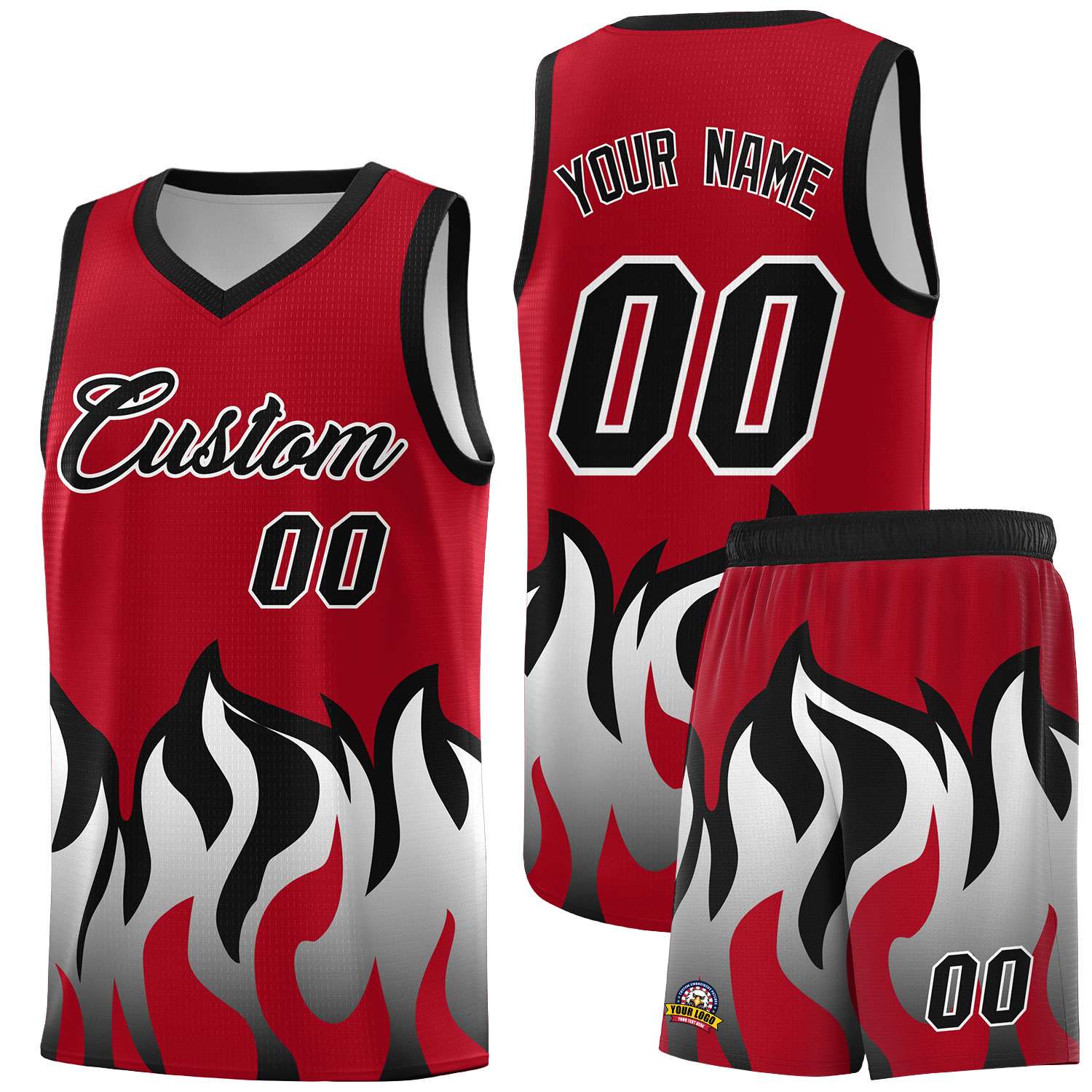 Custom Red Black Hem Flame Pattern Fashion Sports Uniform Basketball Kits