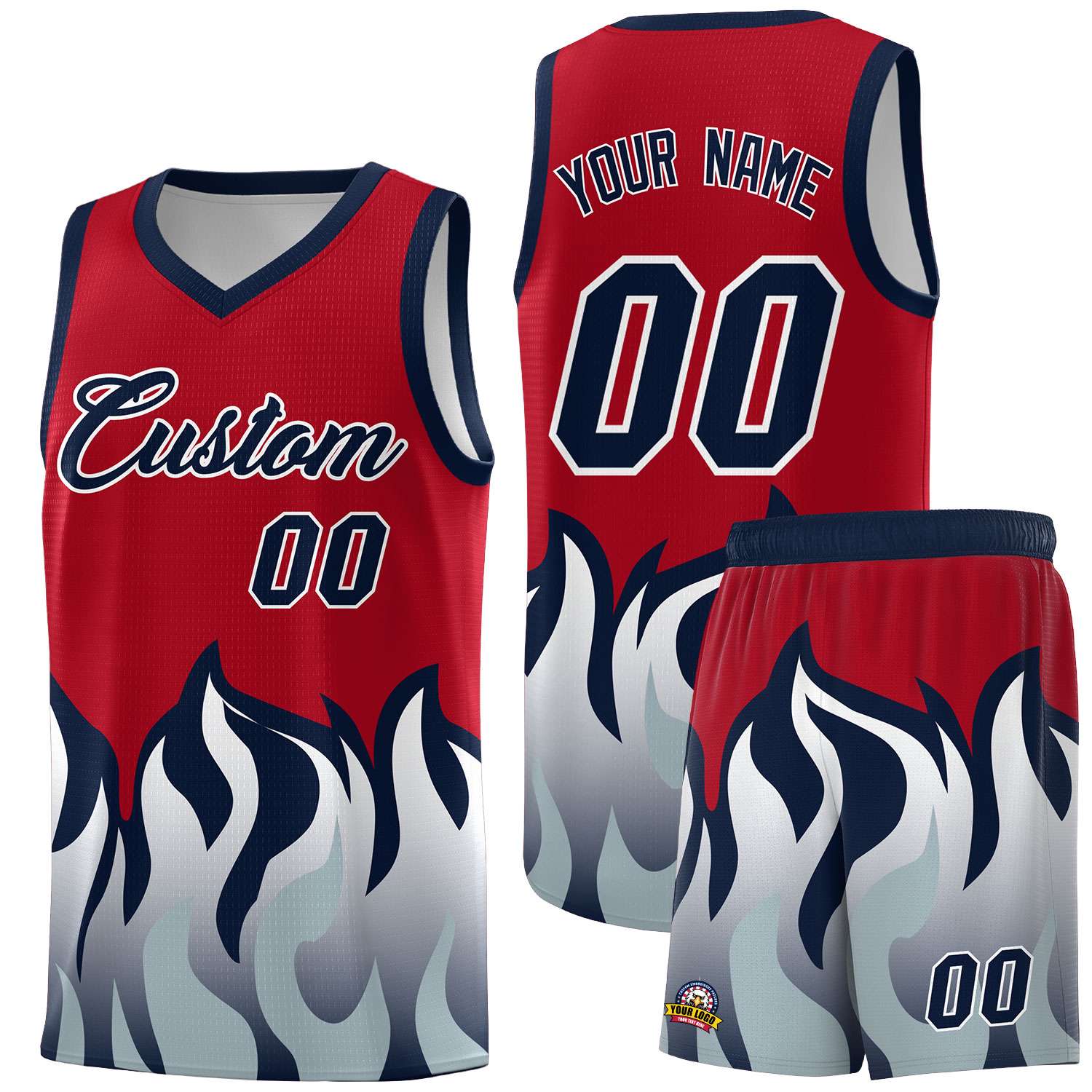 Custom Red Navy Hem Flame Pattern Fashion Sports Uniform Basketball Kits