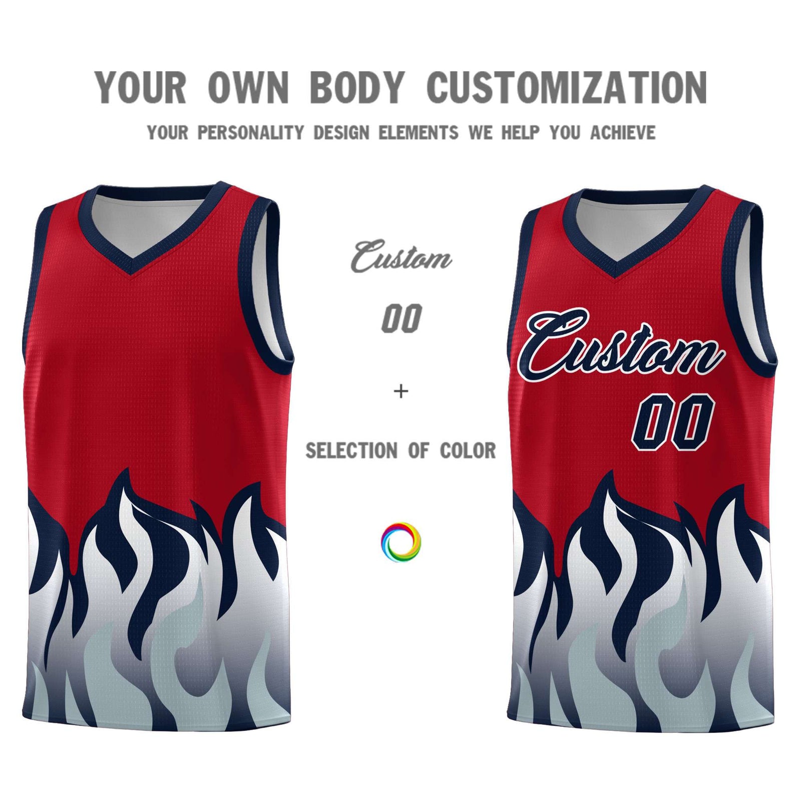 Custom Red Navy Hem Flame Pattern Fashion Sports Uniform Basketball Kits