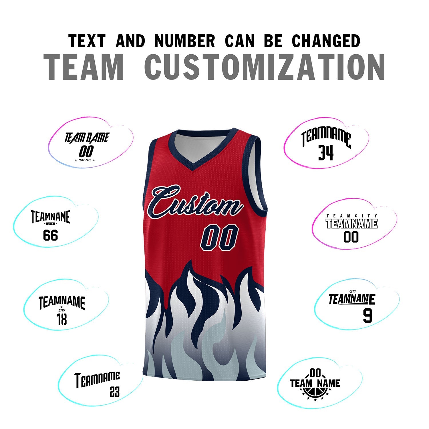 Custom Red Navy Hem Flame Pattern Fashion Sports Uniform Basketball Kits