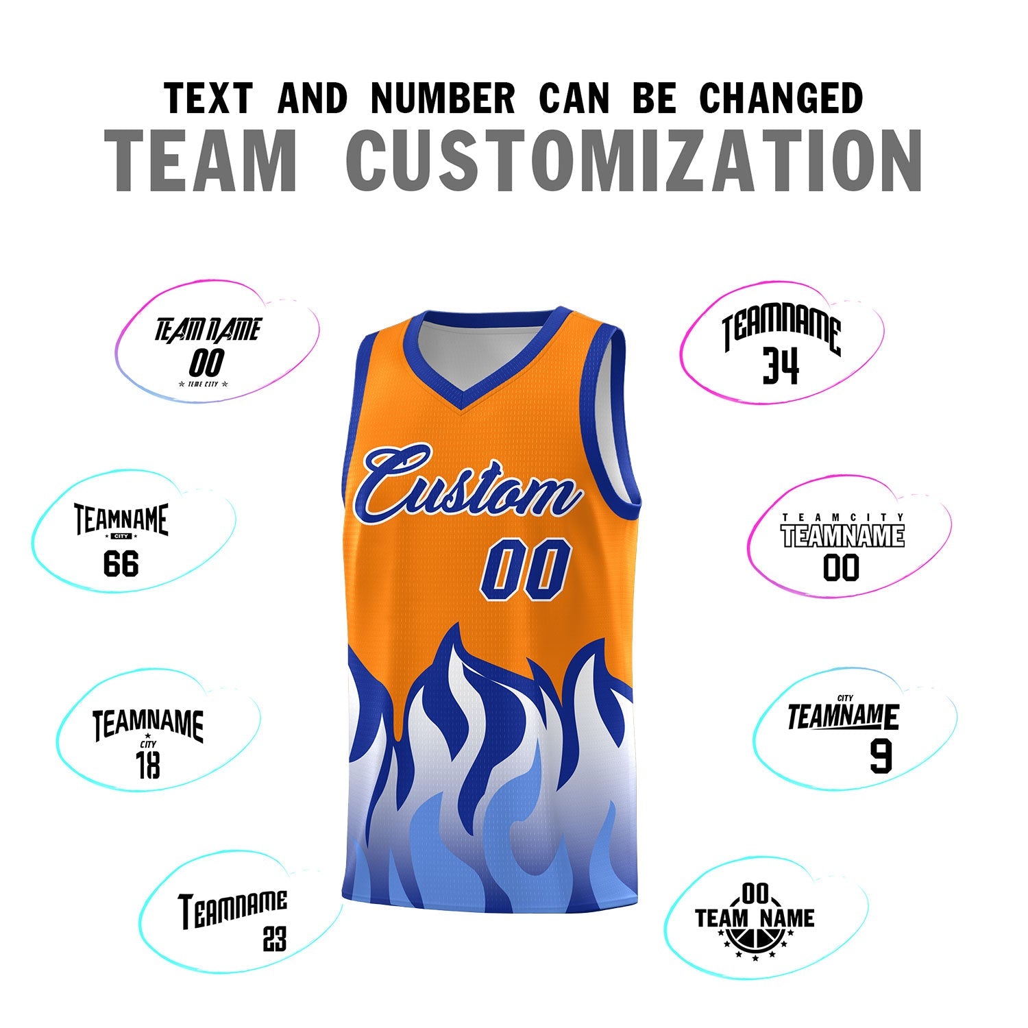 Custom Orange Royal Hem Flame Pattern Fashion Sports Uniform Basketball Kits