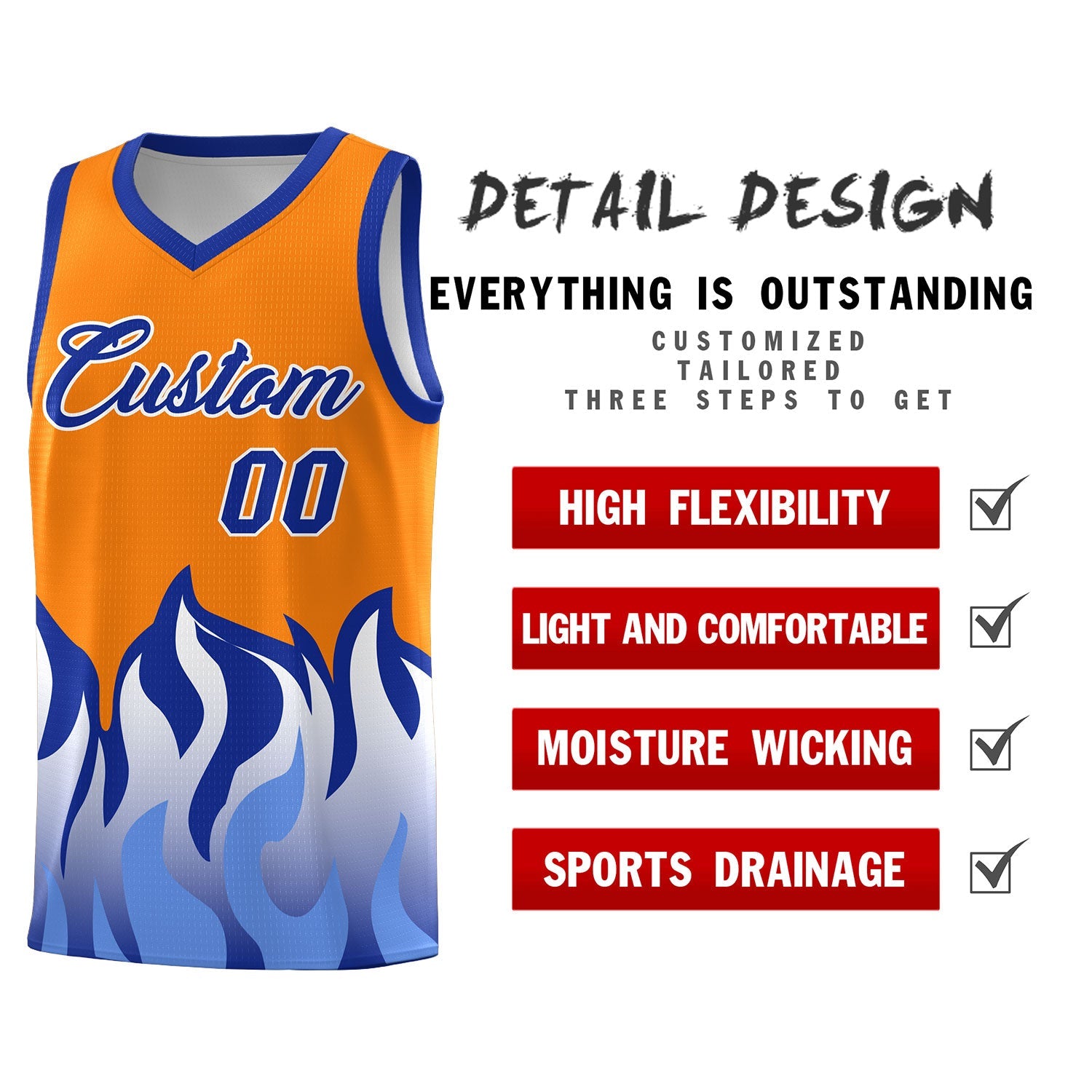 Custom Orange Royal Hem Flame Pattern Fashion Sports Uniform Basketball Kits