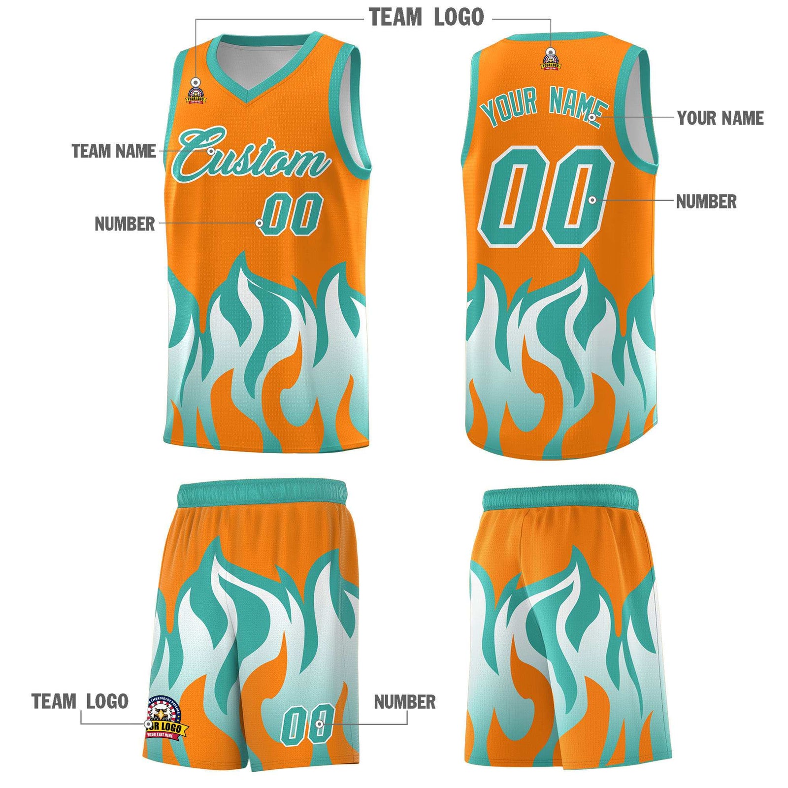 Custom Orange Bright Green Hem Flame Pattern Fashion Sports Uniform Basketball Kits