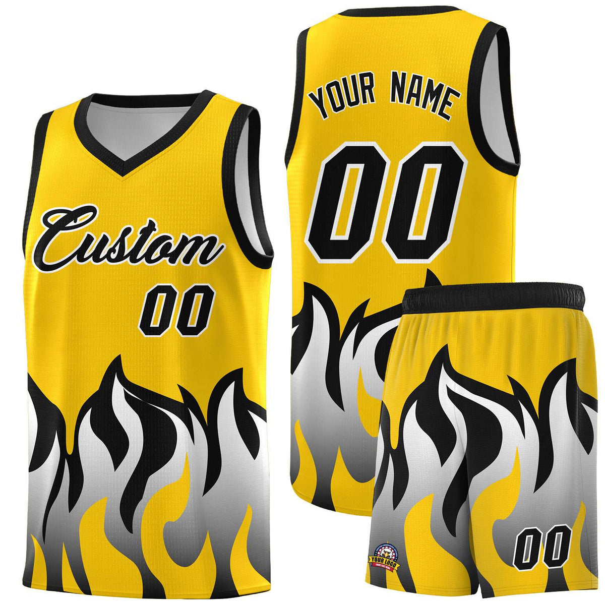 Custom Gold Black Hem Flame Pattern Fashion Sports Uniform Basketball Kits