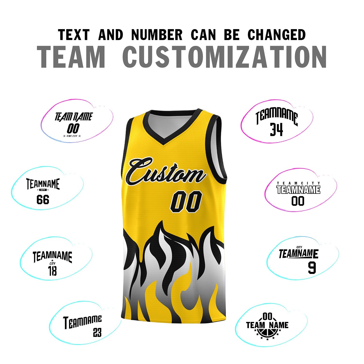 Custom Gold Black Hem Flame Pattern Fashion Sports Uniform Basketball Kits