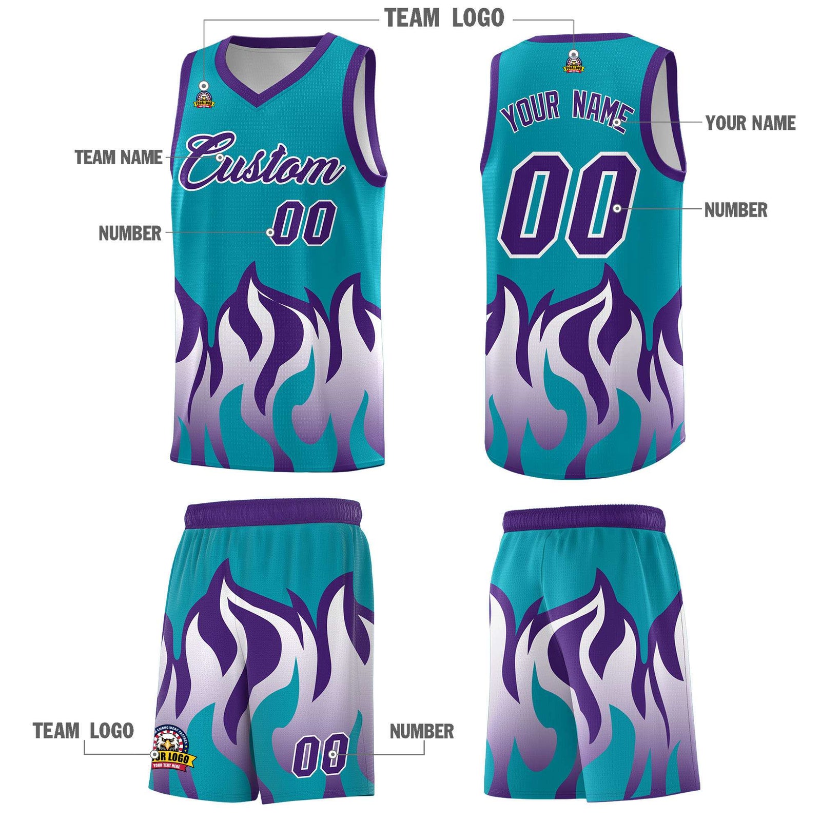 Custom Aqua Purple Hem Flame Pattern Fashion Sports Uniform Basketball Kits