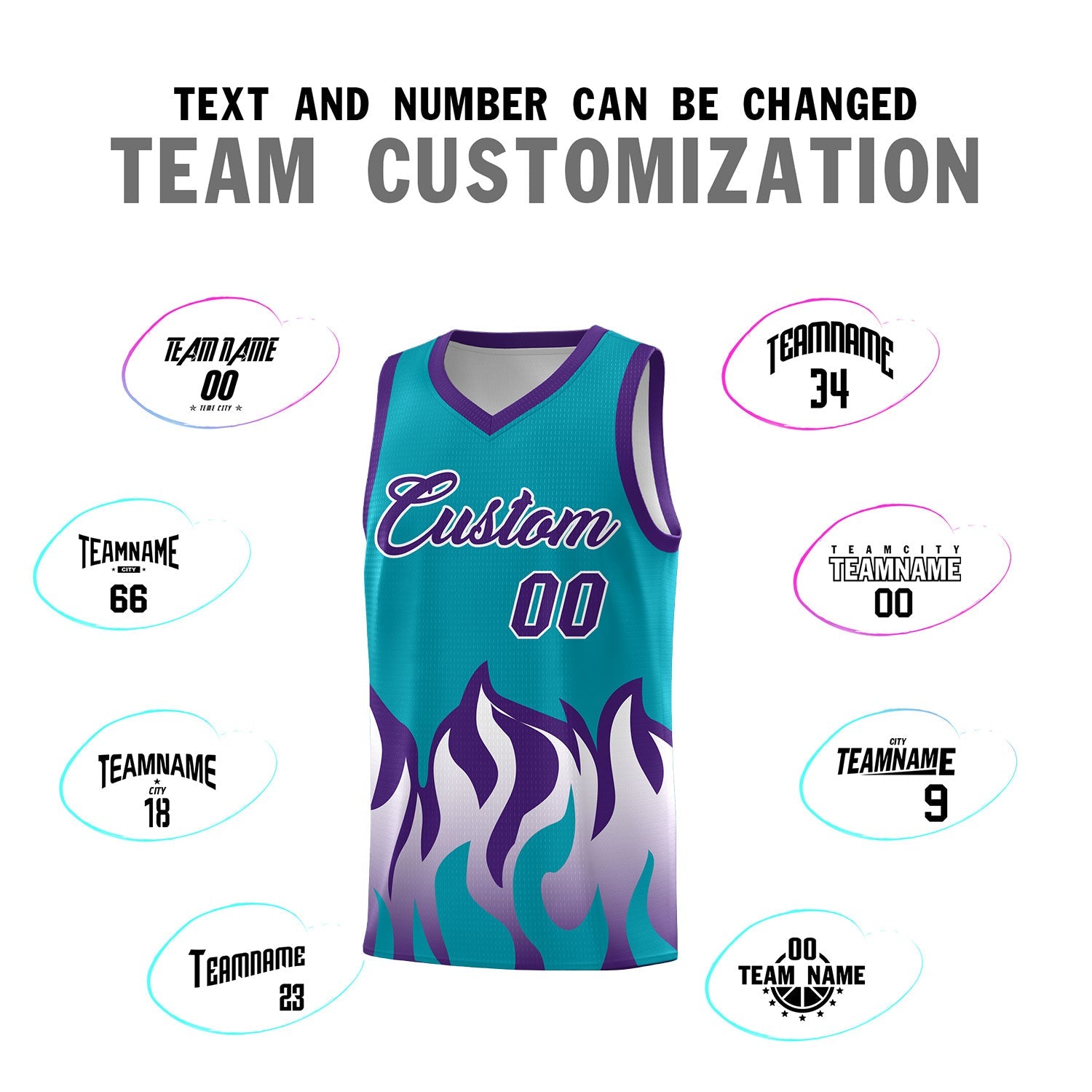 Custom Aqua Purple Hem Flame Pattern Fashion Sports Uniform Basketball Kits