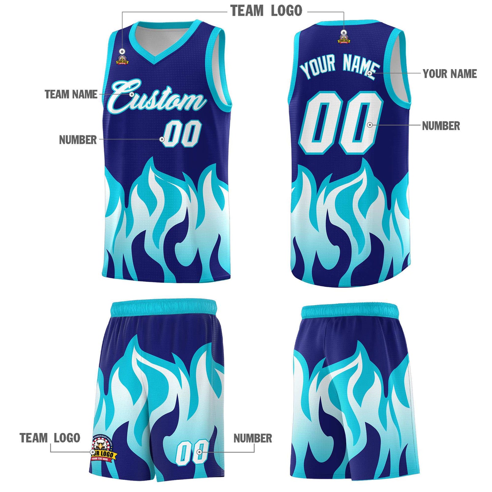 Custom Royal Sky Blue Hem Flame Pattern Fashion Sports Uniform Basketball Kits