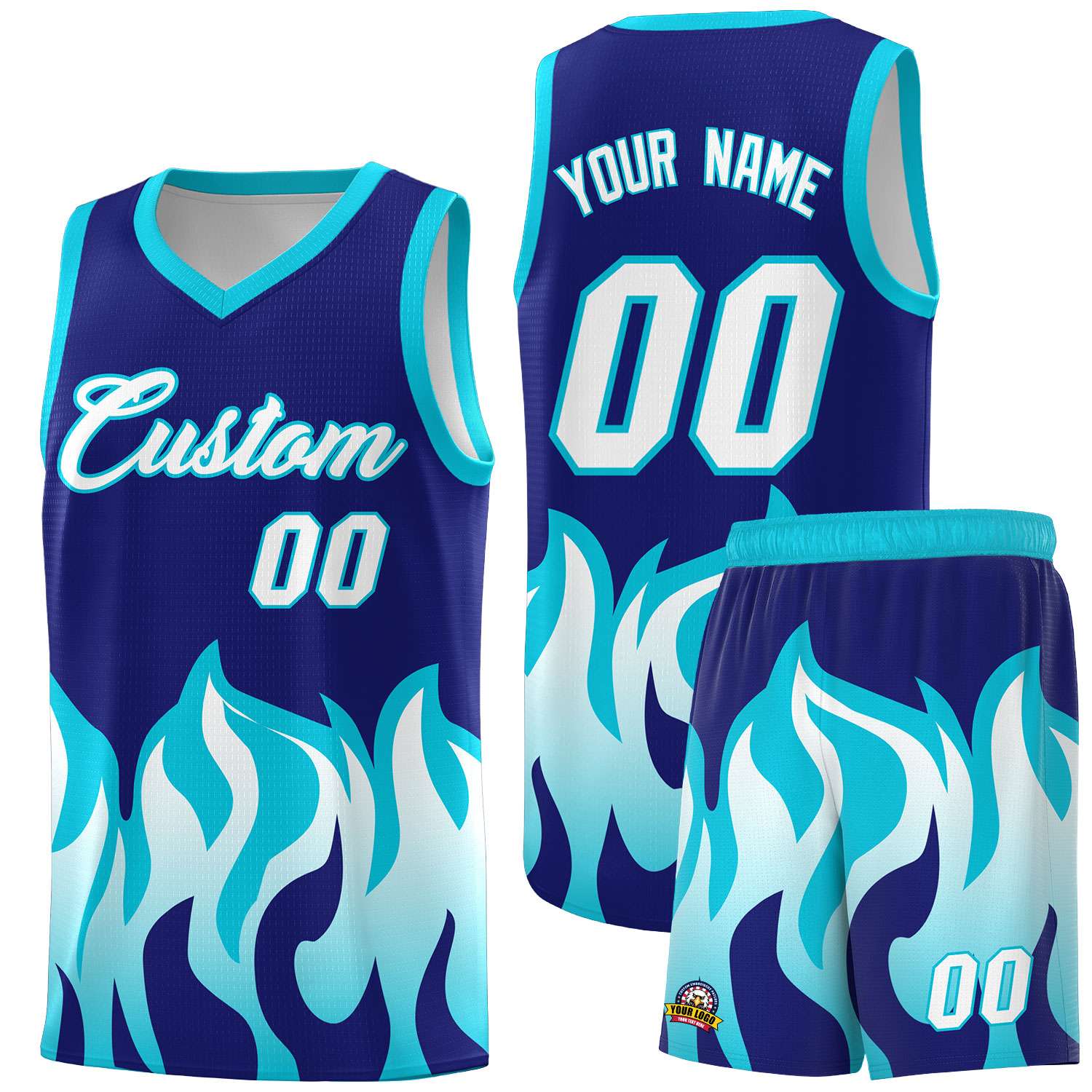 Custom Royal Sky Blue Hem Flame Pattern Fashion Sports Uniform Basketball Kits