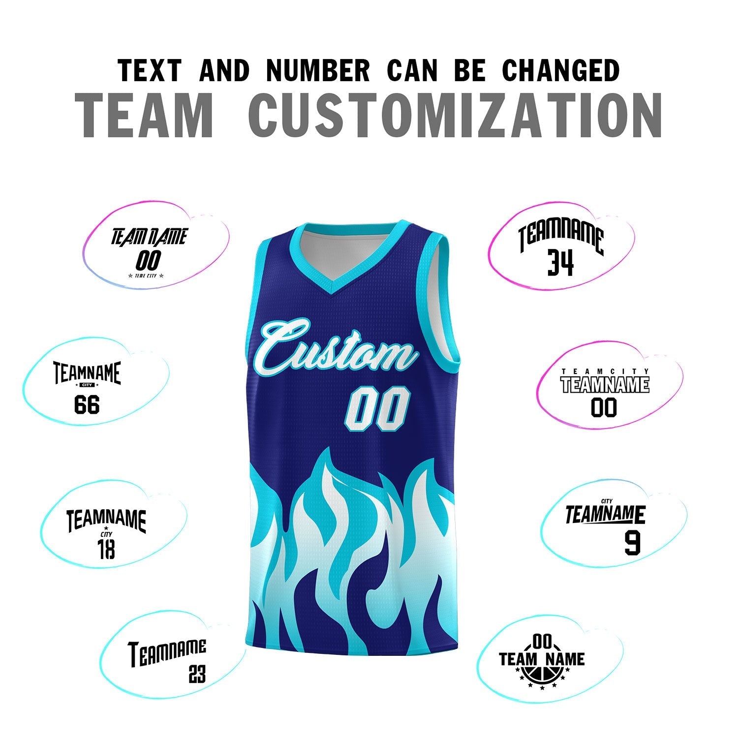 Custom Royal Sky Blue Hem Flame Pattern Fashion Sports Uniform Basketball Kits