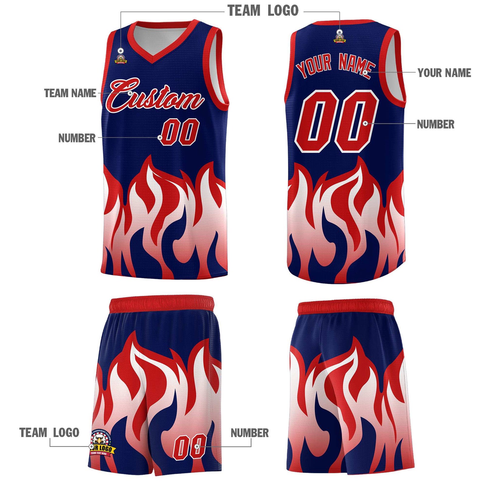 Custom Navy Red Hem Flame Pattern Fashion Sports Uniform Basketball Kits