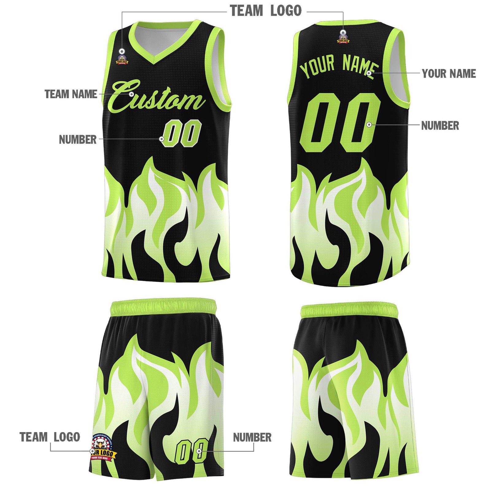 Custom Black Fluorescent Green Hem Flame Pattern Fashion Sports Uniform Basketball Kits