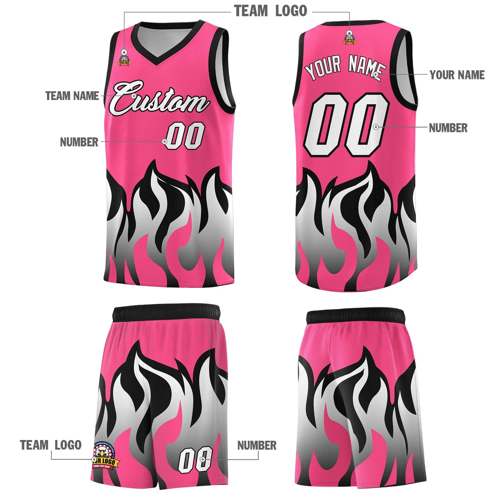 Custom Pink Black Hem Flame Pattern Fashion Sports Uniform Basketball Kits