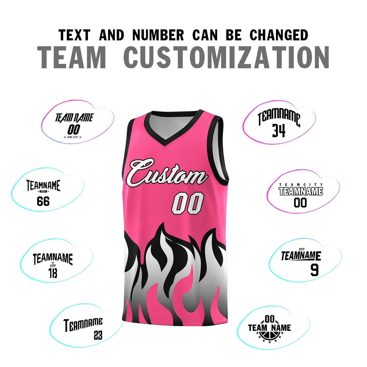 Custom Pink Black Hem Flame Pattern Fashion Sports Uniform Basketball Kits