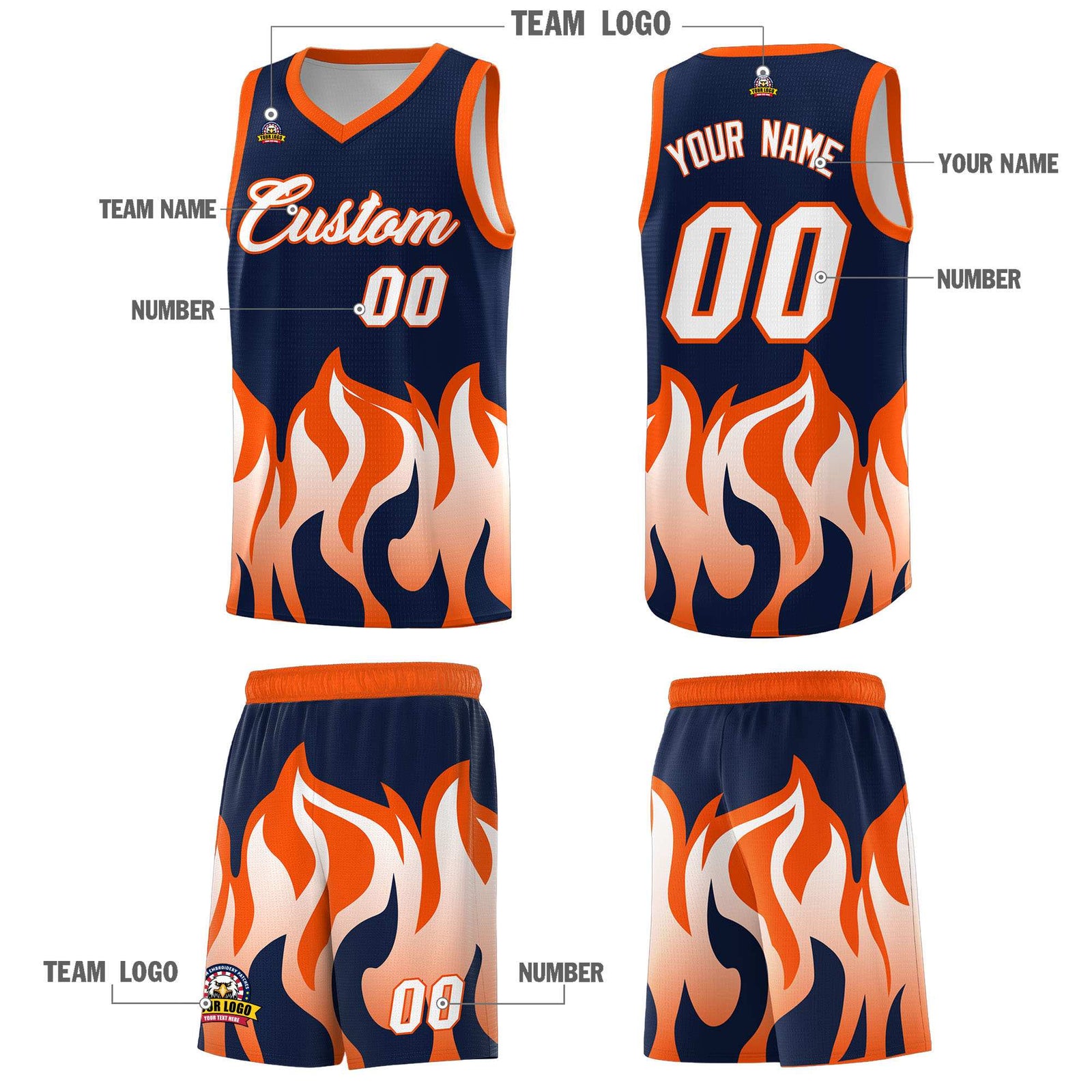 Custom Navy Orange Hem Flame Pattern Fashion Sports Uniform Basketball Kits