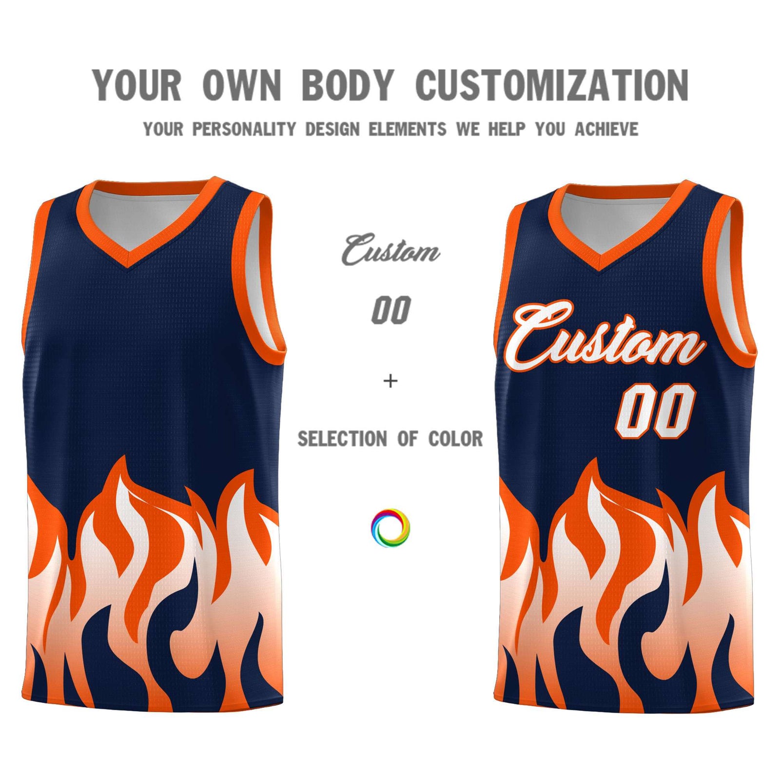 Custom Navy Orange Hem Flame Pattern Fashion Sports Uniform Basketball Kits
