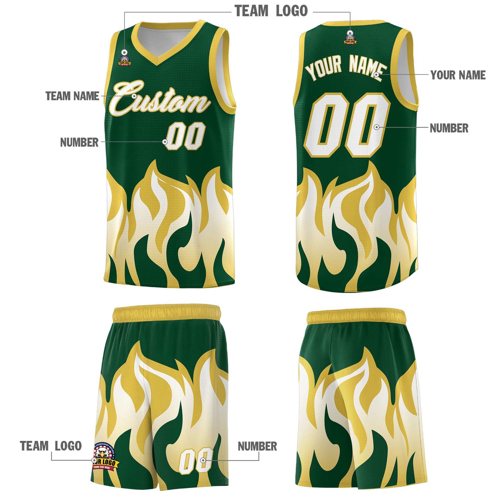 Custom Kelly Green Old Gold Hem Flame Pattern Fashion Sports Uniform Basketball Kits