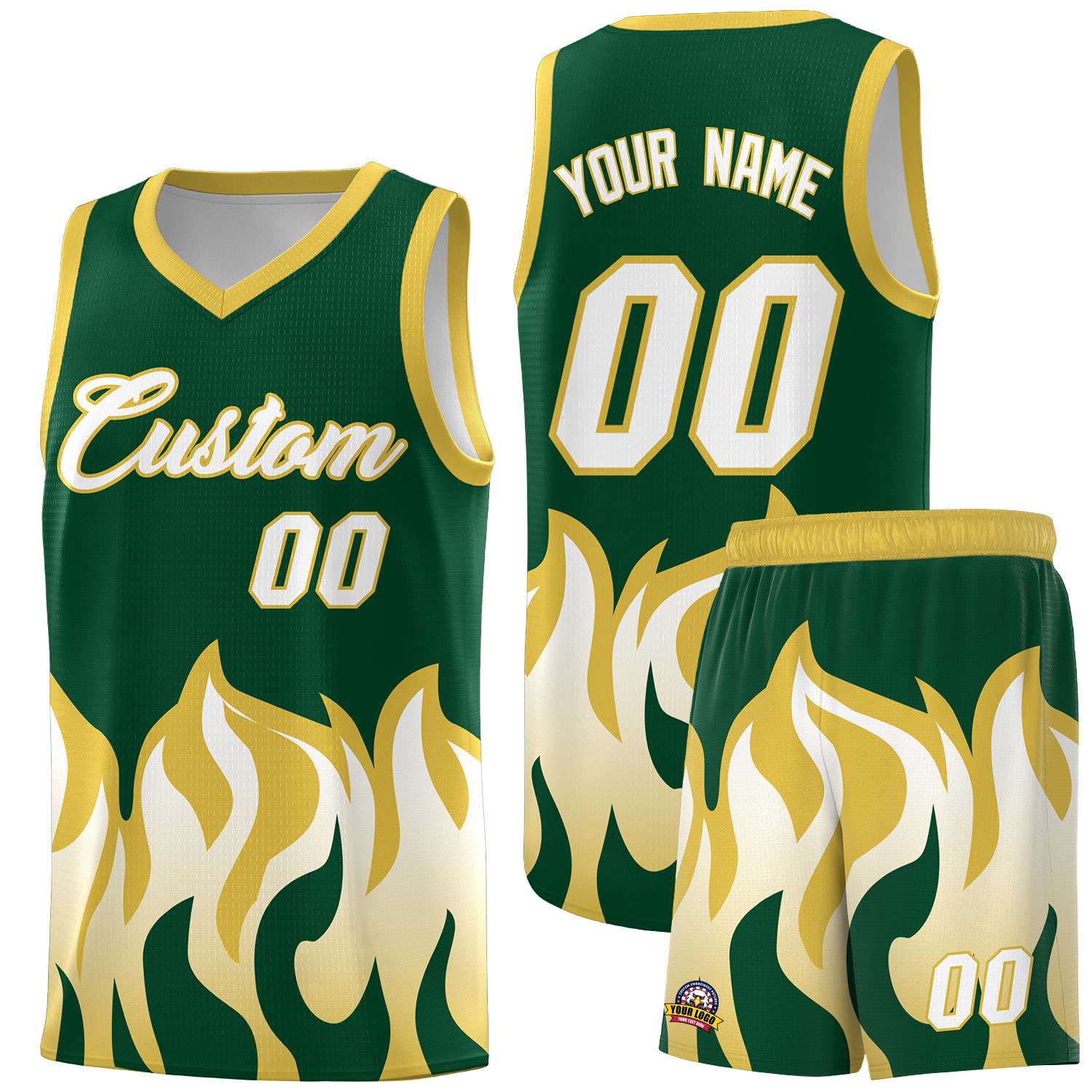 Custom Kelly Green Old Gold Hem Flame Pattern Fashion Sports Uniform Basketball Kits