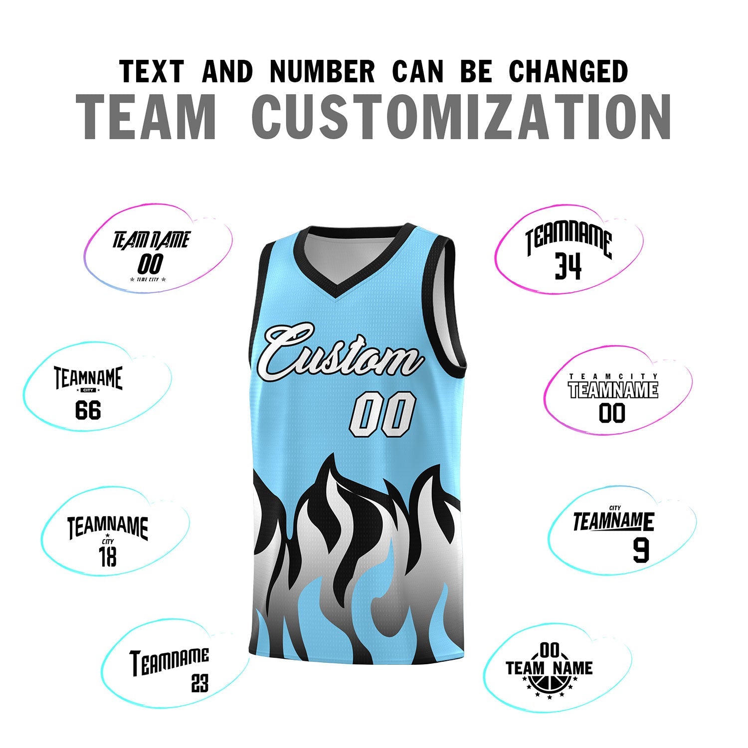 Custom Light Blue Black Hem Flame Pattern Fashion Sports Uniform Basketball Kits