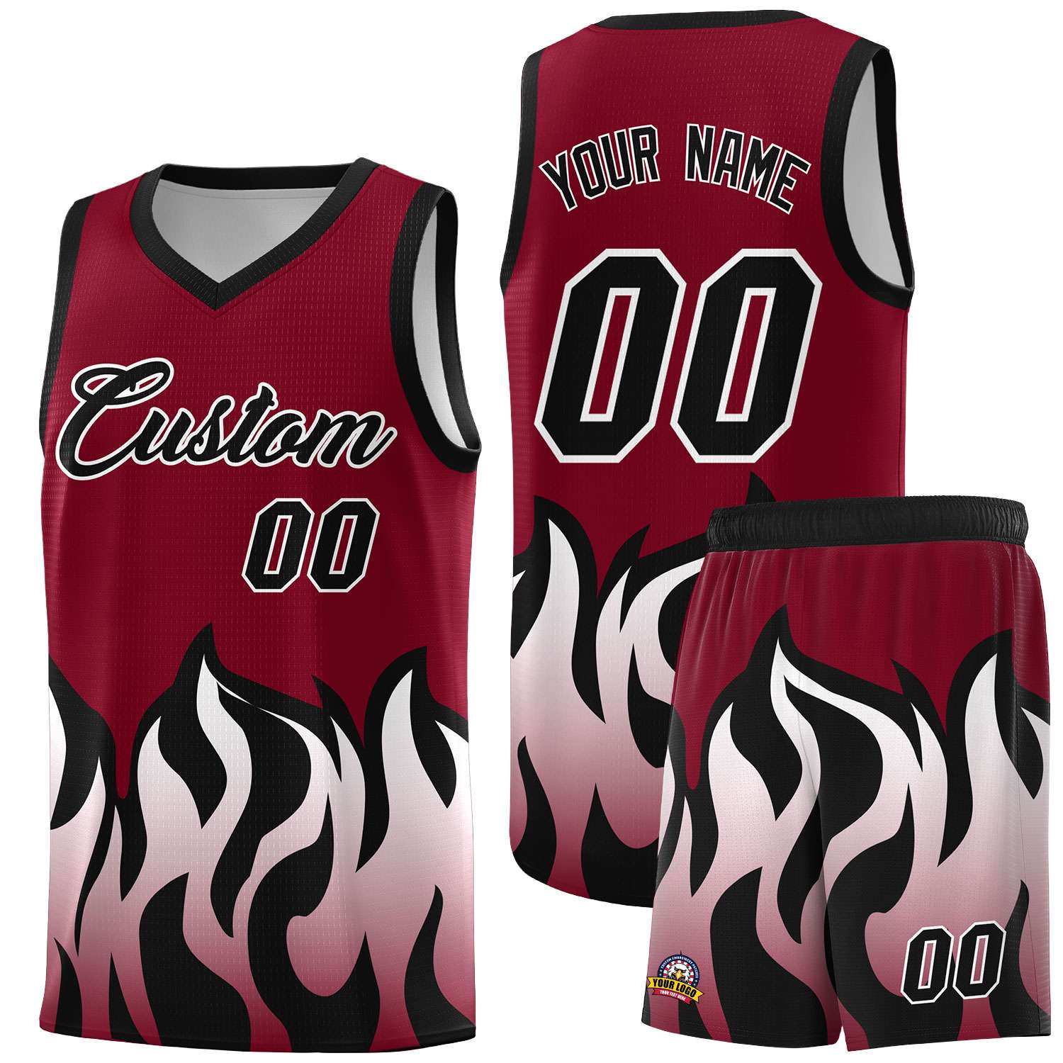 Custom Crimson Black Hem Flame Pattern Fashion Sports Uniform Basketball Kits