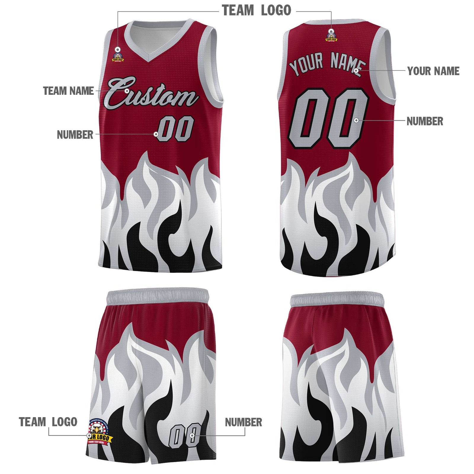 Custom Crimson Gray Hem Flame Pattern Fashion Sports Uniform Basketball Kits