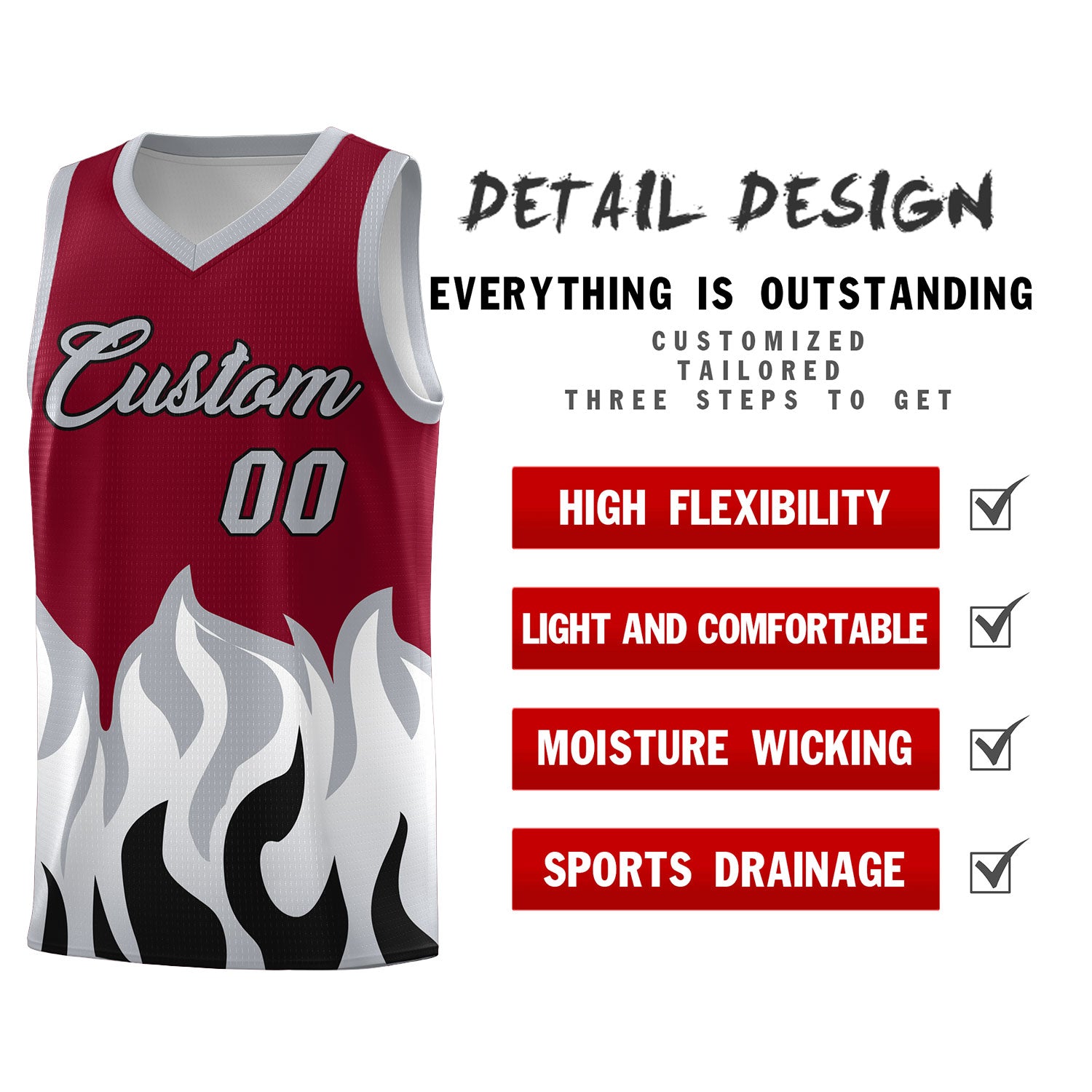 Custom Crimson Gray Hem Flame Pattern Fashion Sports Uniform Basketball Kits