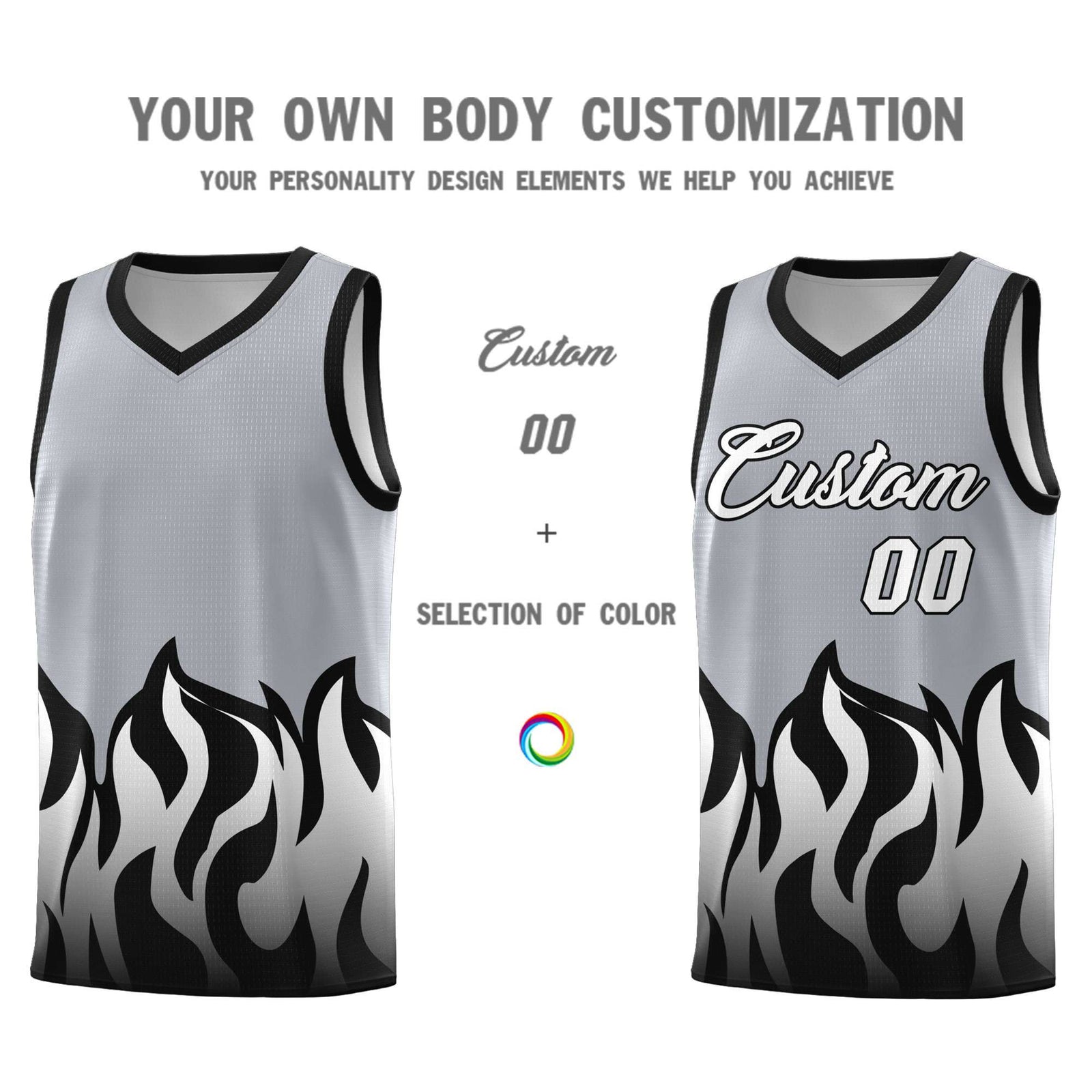 Custom Gray Black Hem Flame Pattern Fashion Sports Uniform Basketball Kits