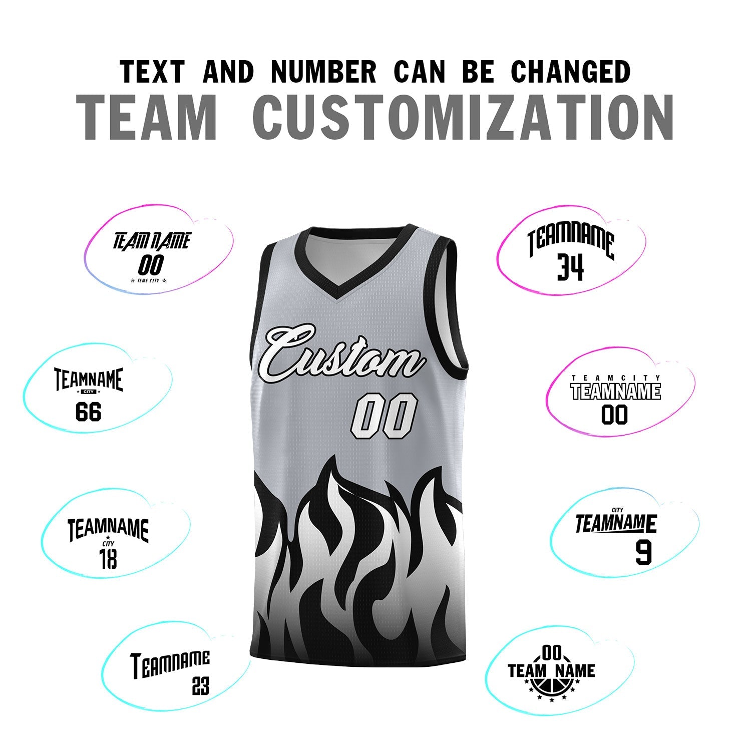 Custom Gray Black Hem Flame Pattern Fashion Sports Uniform Basketball Kits