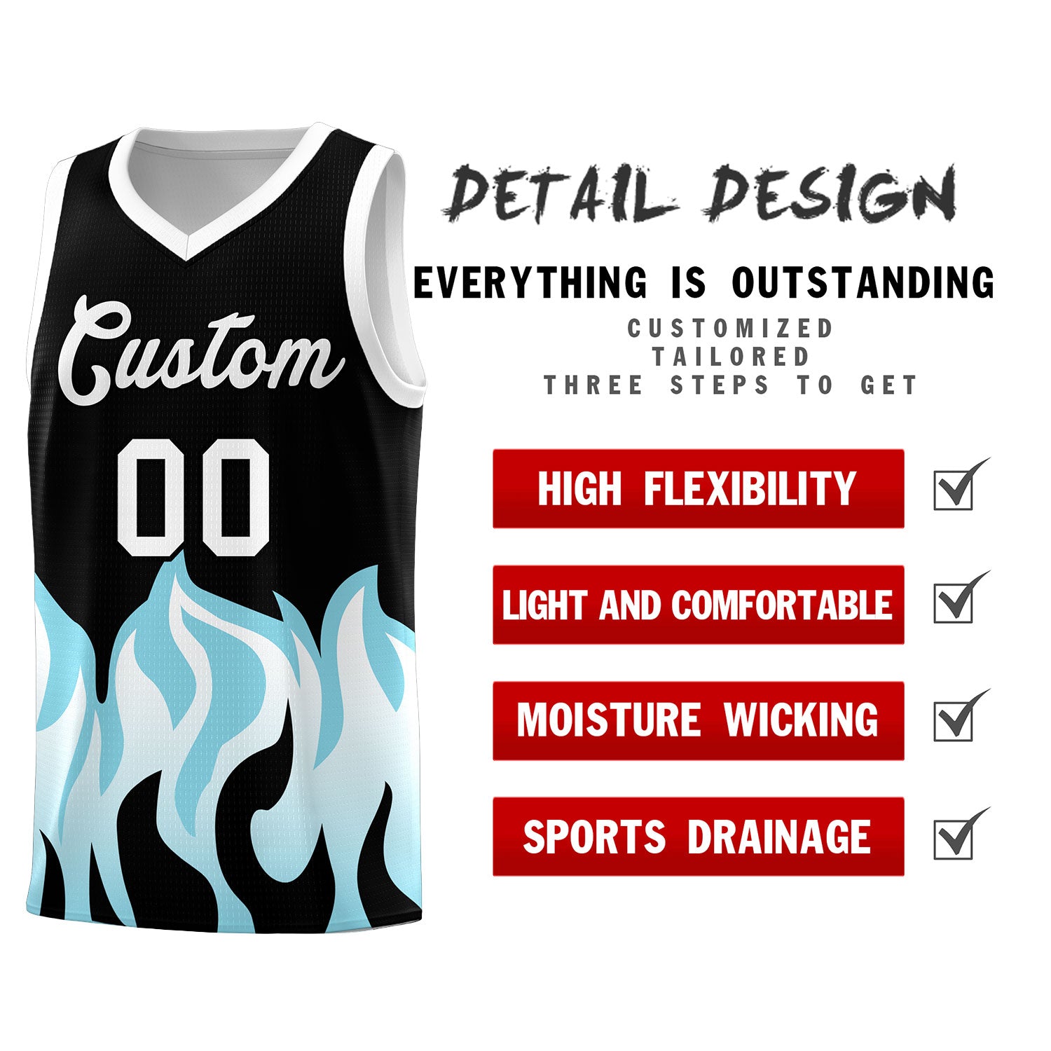 Custom Black Sky Blue Hem Flame Pattern Fashion Sports Uniform Basketball Kits