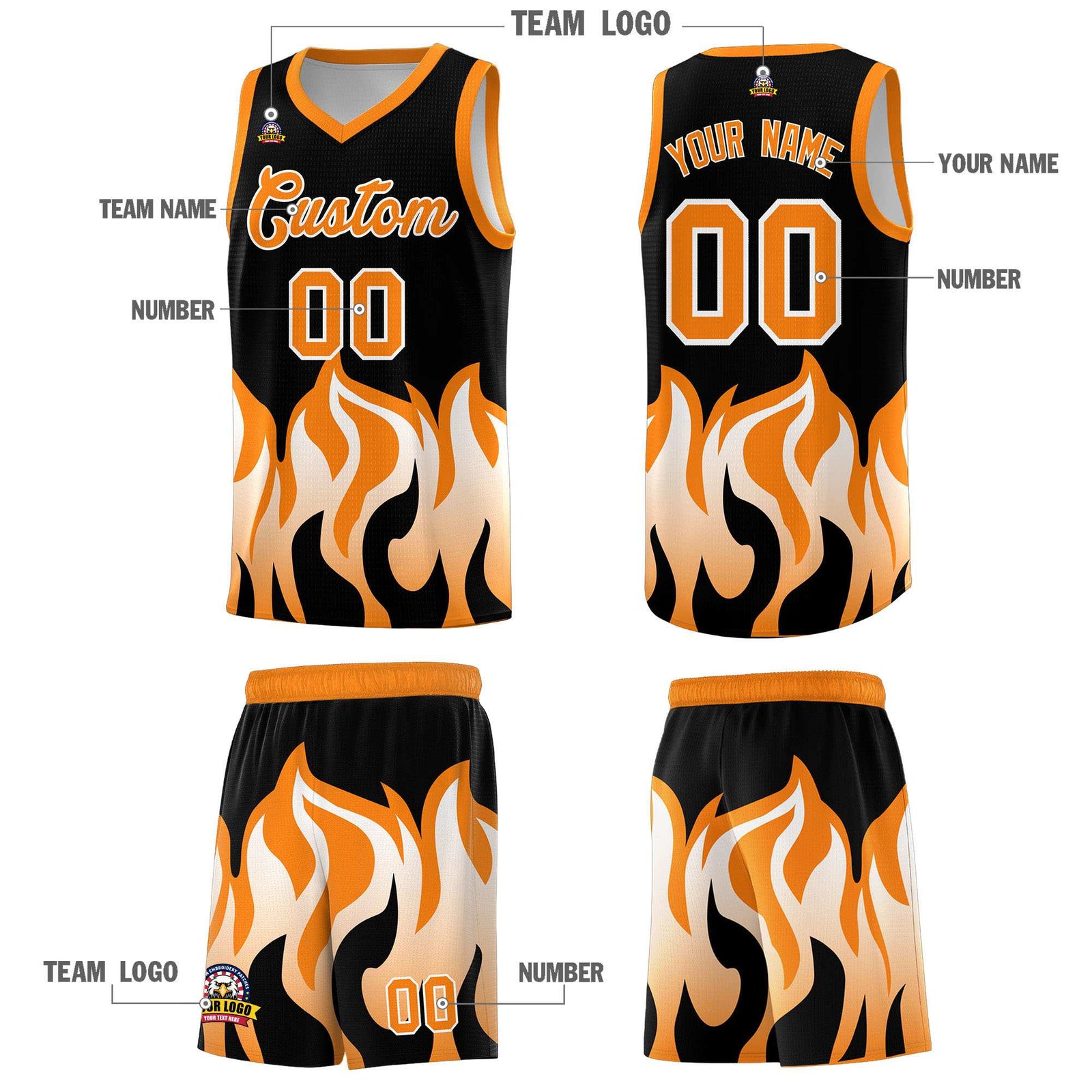 Custom Black Orange Hem Flame Pattern Fashion Sports Uniform Basketball Kits