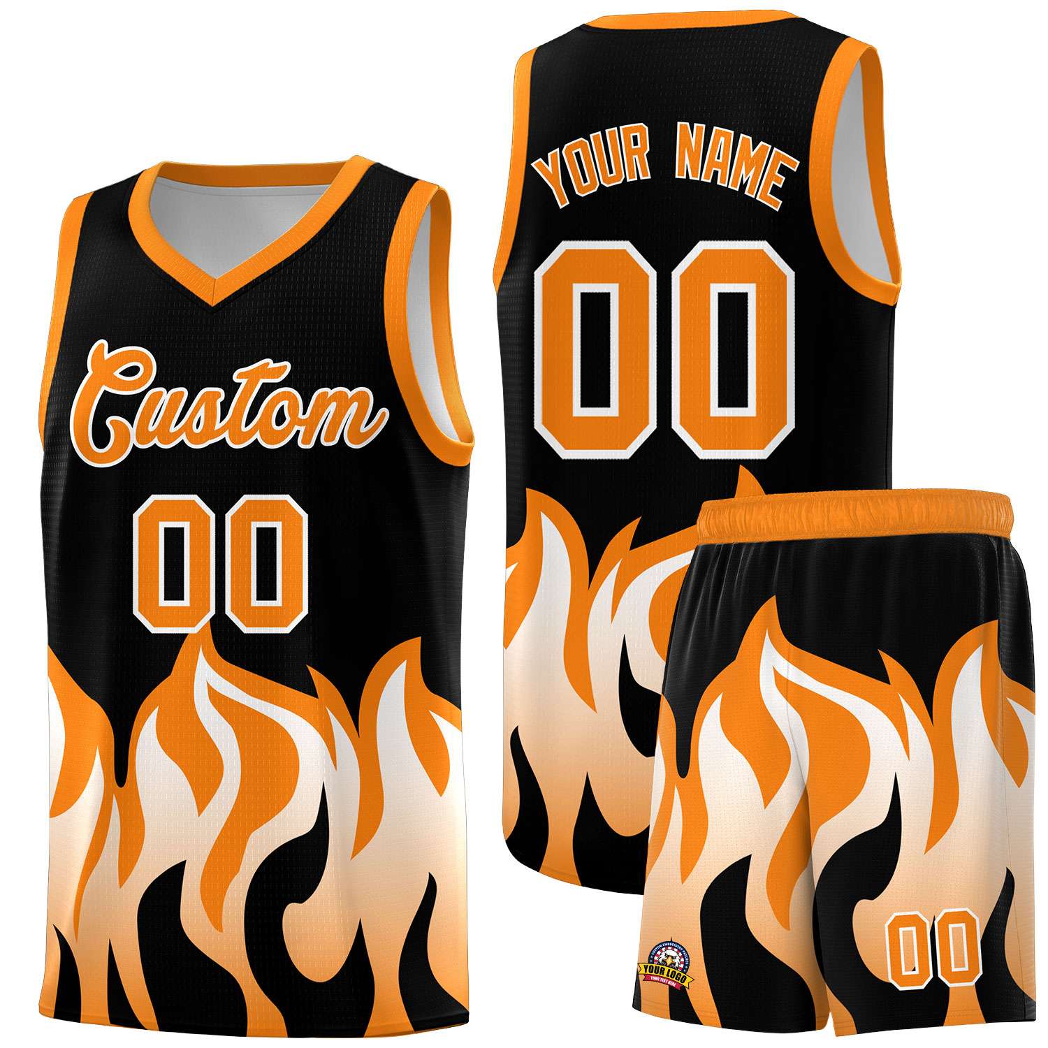 Custom Black Orange Hem Flame Pattern Fashion Sports Uniform Basketball Kits