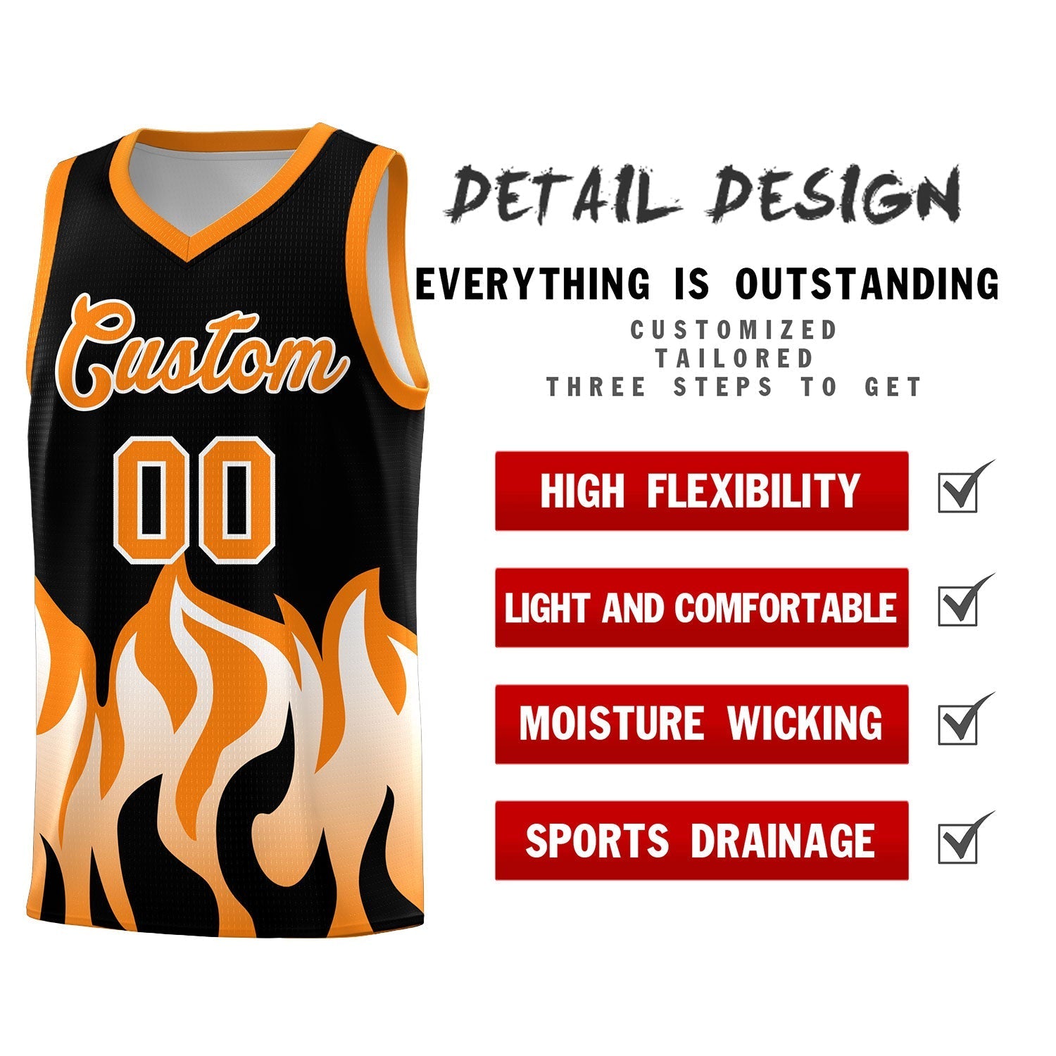 Custom Black Orange Hem Flame Pattern Fashion Sports Uniform Basketball Kits
