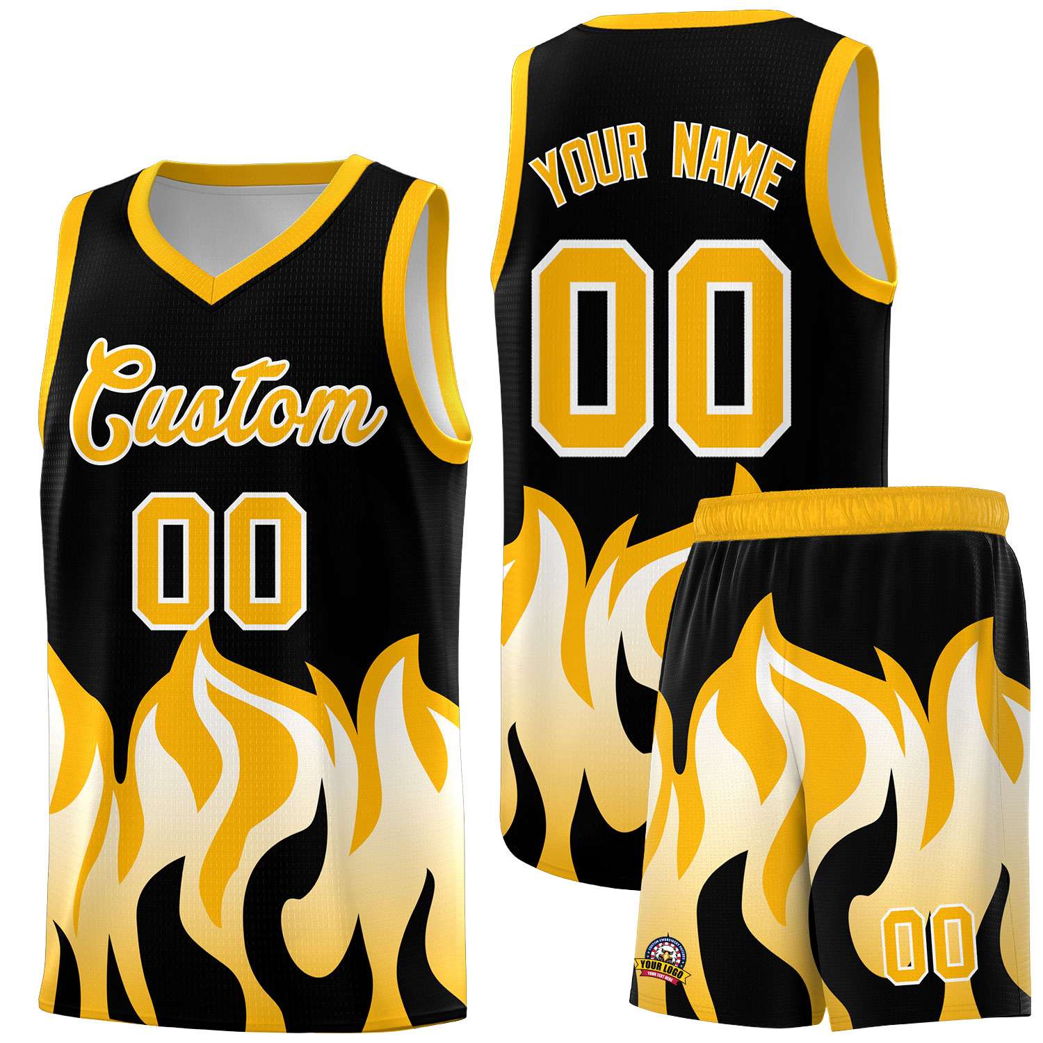 Custom Black Yellow Hem Flame Pattern Fashion Sports Uniform Basketball Kits