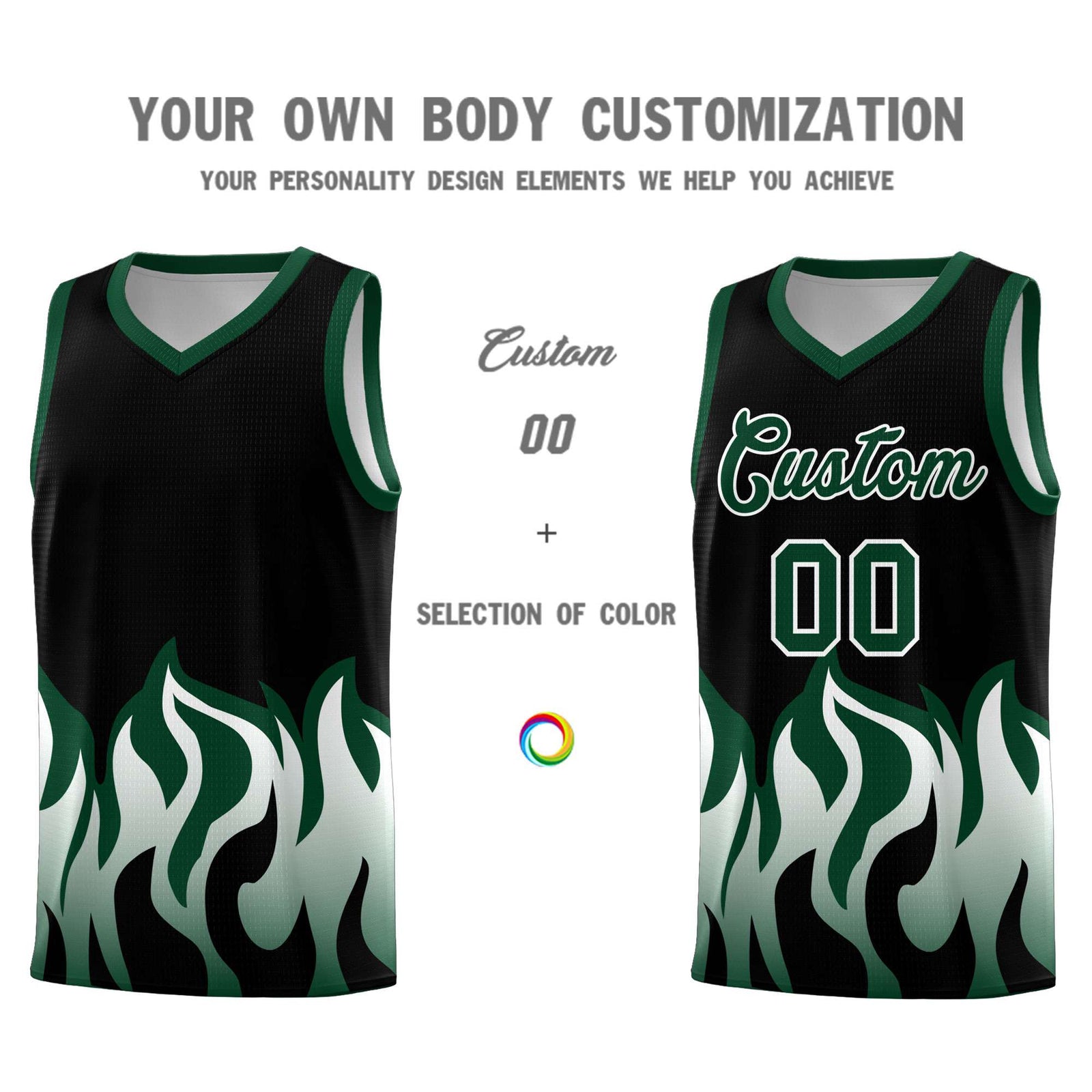 Custom Black Hunter Green Hem Flame Pattern Fashion Sports Uniform Basketball Kits