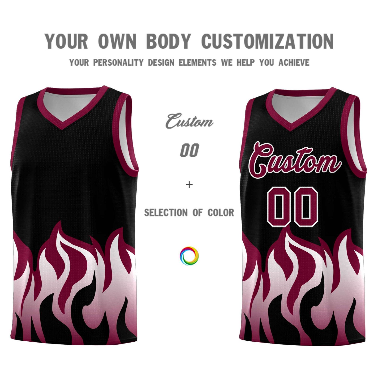 Custom Black Crimson Hem Flame Pattern Fashion Sports Uniform Basketball Kits